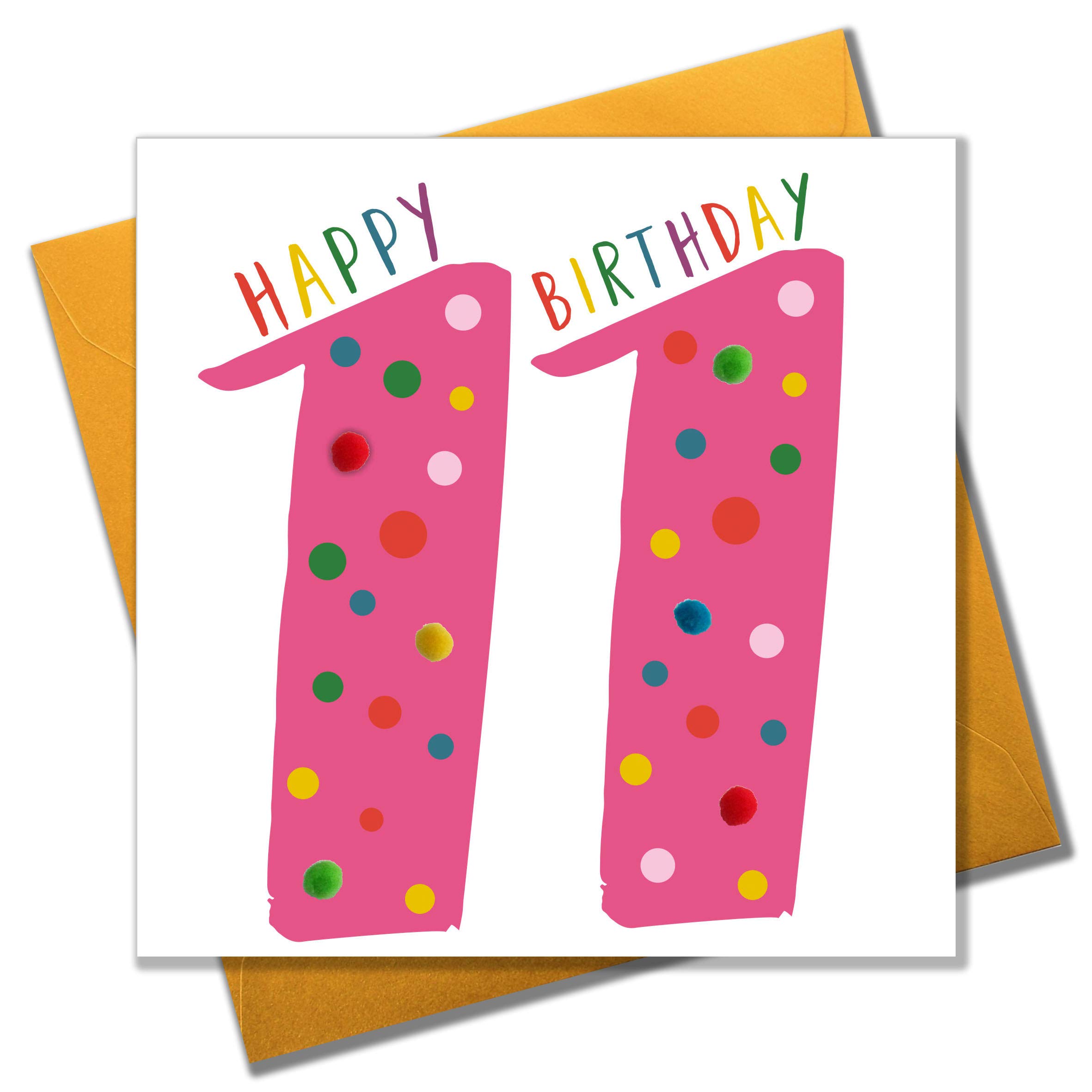 Claire Giles POM111P Age 11 Greeting Card Embellished with Pompoms - Pink