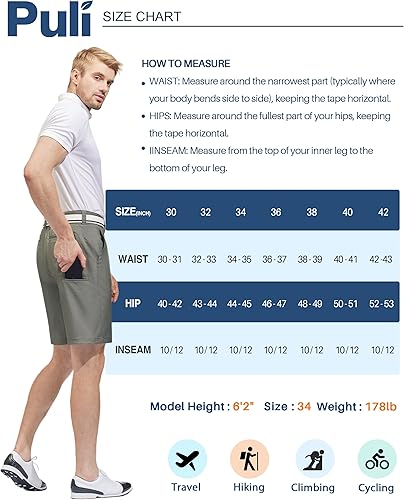 Miniatura 7 de PULI Vestido corto de golf elástico para hombre, de secado rápido, casual, ligero, frente plano, de 10 pulgadas, pantalones cortos híbridos de