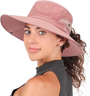 XuoAz Women's Wide Brim Sun Hat - UV Protection Packable Mesh Bucket Beach Hat with Ponytail Hole