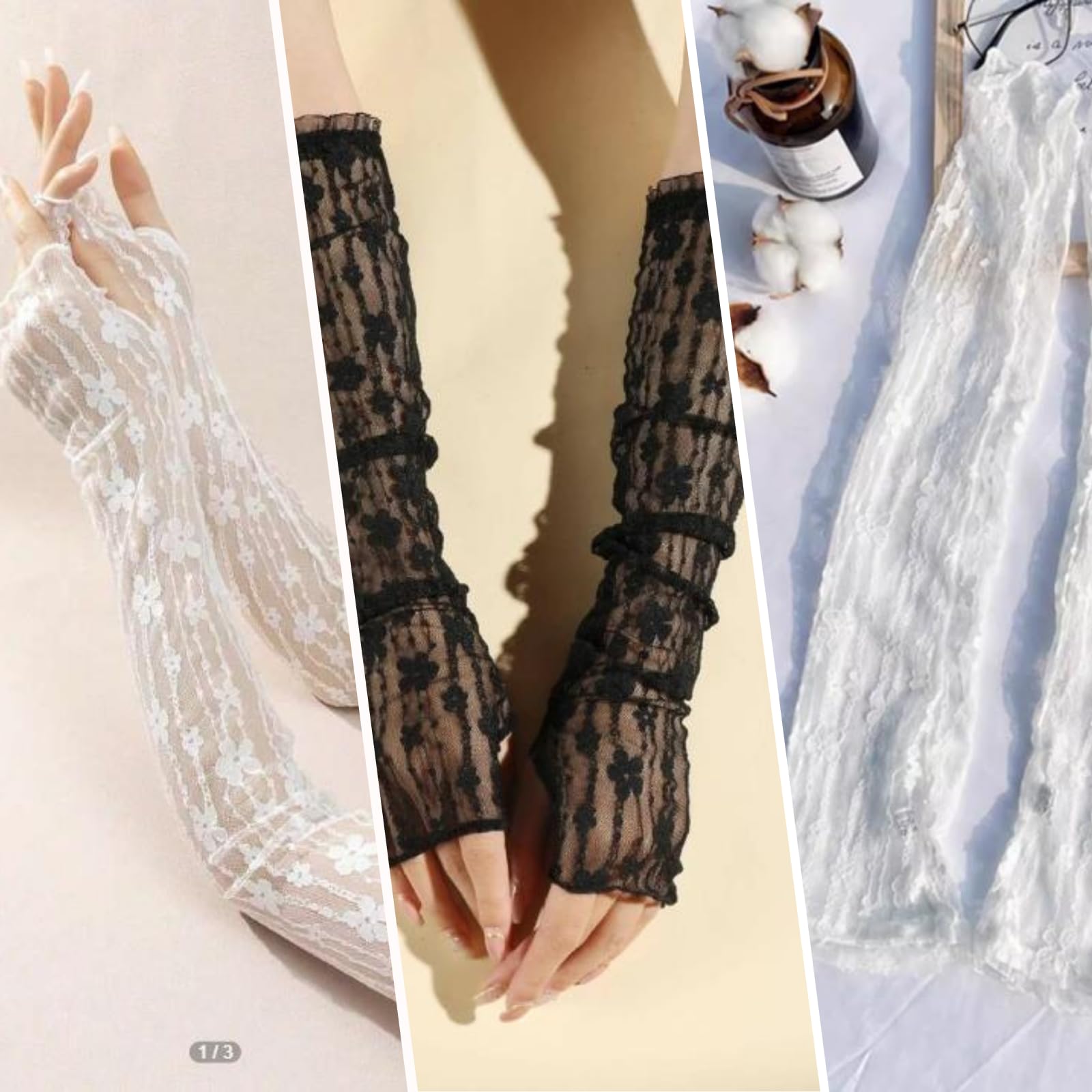 2 Paires Manchettes en Dentelle Elastique Gants avec Trou Respirant Floral Manchon Bras Eté Protection de Soleil Mariage