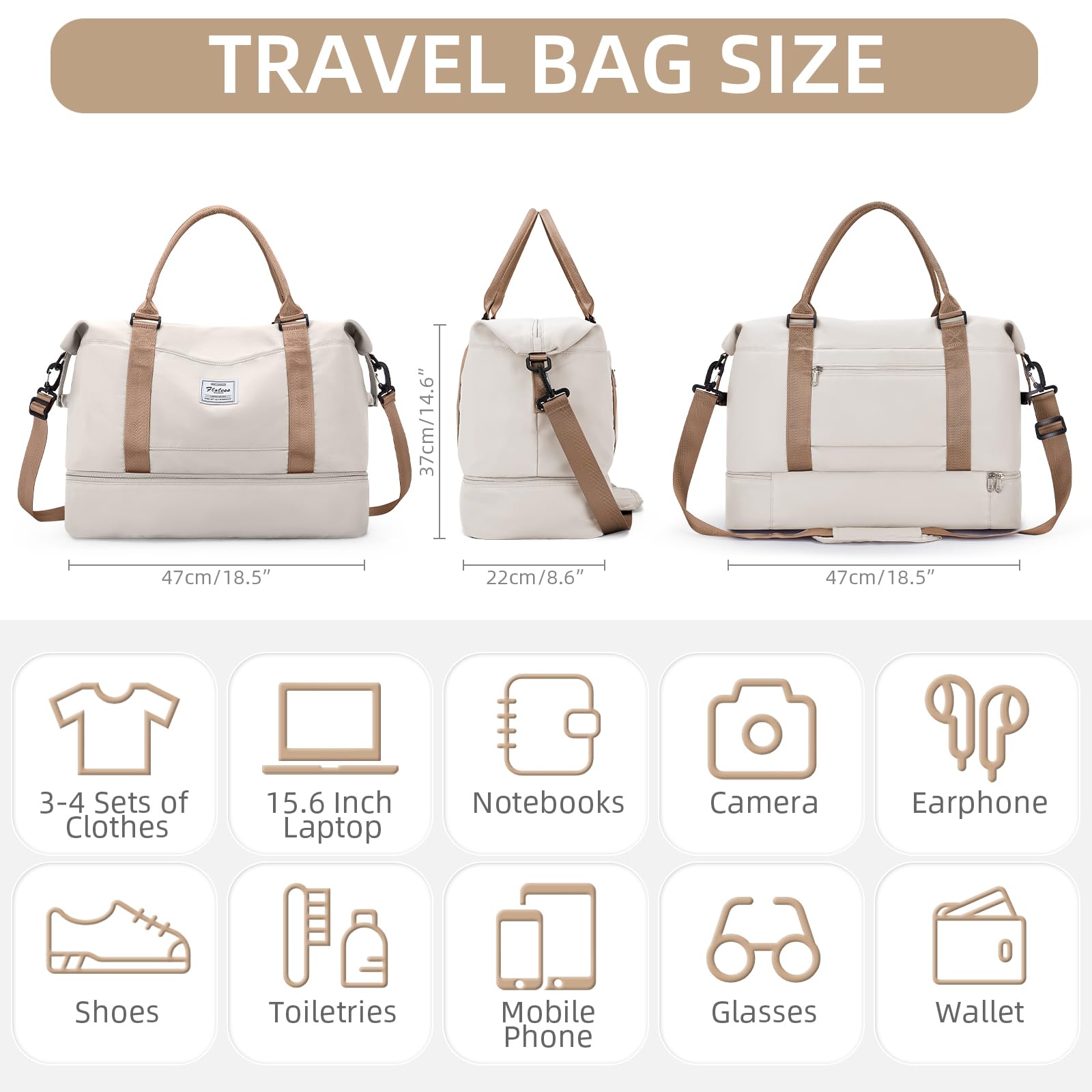 HYC00 Borsa da Viaggio Donna Uomo, Borsone Palestra Sportiva con Porta Scarpe, Weekend Piscina Ginnastica, per Ospedale - Beige Marrone