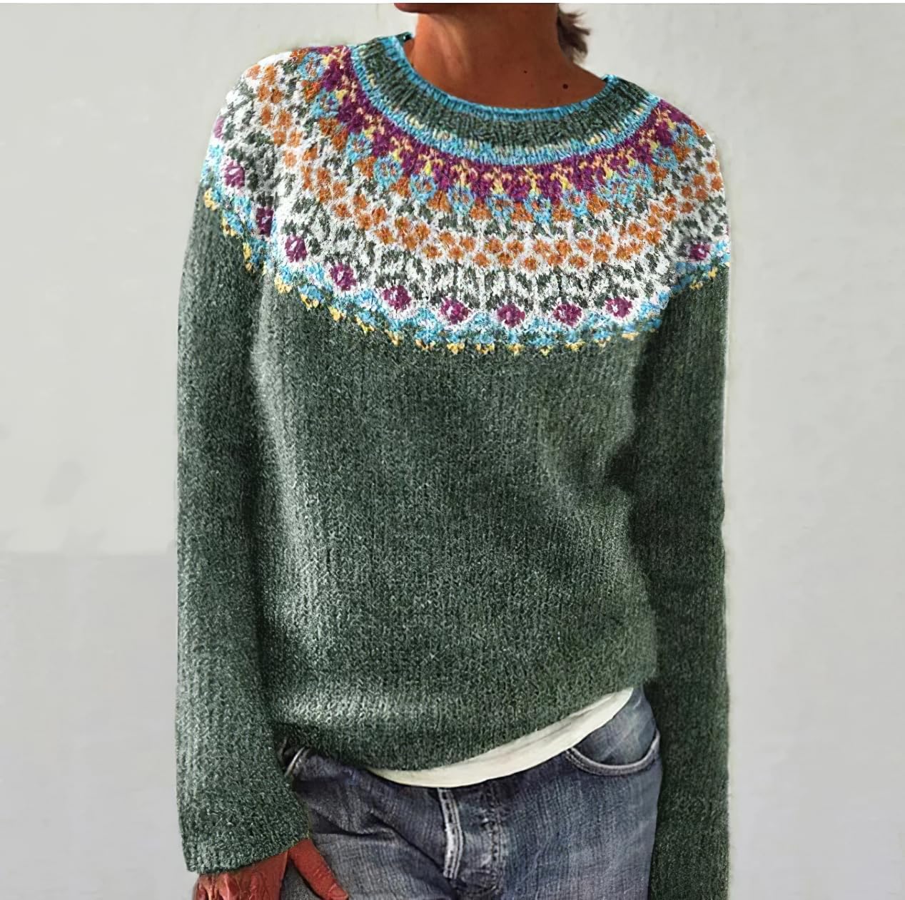 Women's Fair Isle Knit Pullover Sweater Oversized Casual Loose Crewneck Vintage Striped Long Sleeve Jumper Tops - Image 2