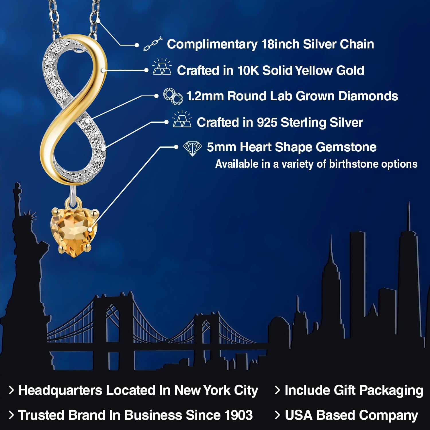 Gem Stone King 925 Silver and 10K Yellow Gold Yellow Citrine and Lab Grown Diamond Pendant Necklace for Women | 1.00 Cttw | Gemstone November Birthstone | Heart Shape 5MM | With 18 Inch Silver Chain - Image 2