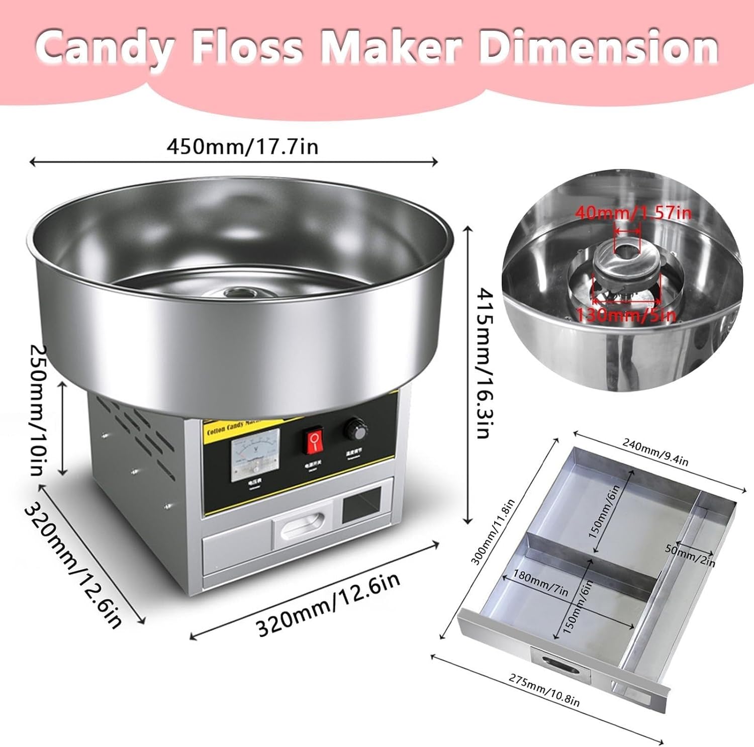 Commercial Cotton Candy Machine, Stainless Steel Candy Floss Maker with Stainless Steel Bowl, Sugar Scoop