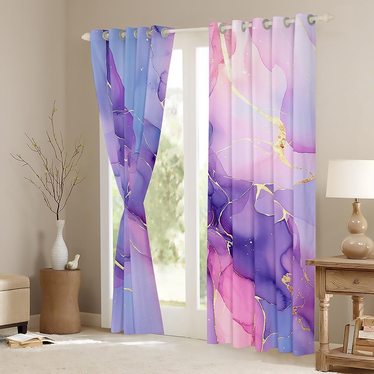 Pink Marble Curtains,Purple Watercolor Window Curtains for Boys Girls Teens,Luxury Abstract Window Treatment Curtains Home Decor,Marble Art Darkening Drapes for Living Room Bedroom,42Wx63L