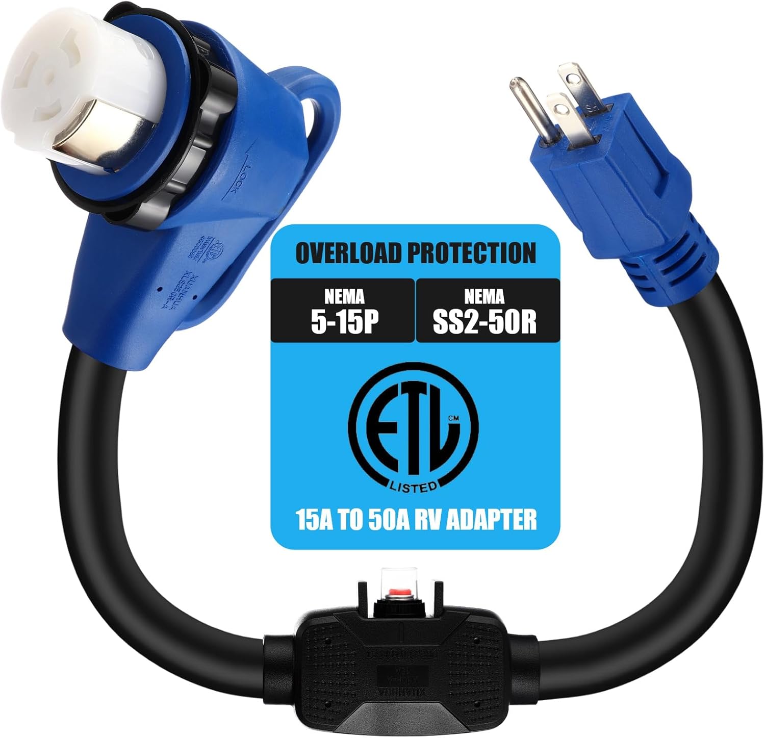 Kingdder Overload Protector 50 Amp to 110 RV Adapter Cord with Circuit Breaker, NEMA 5-15P to SS2-50R Locking Adapter with LED Power Indicator Easy Grip Handle, 18 Inch, Blue, ETL Listed