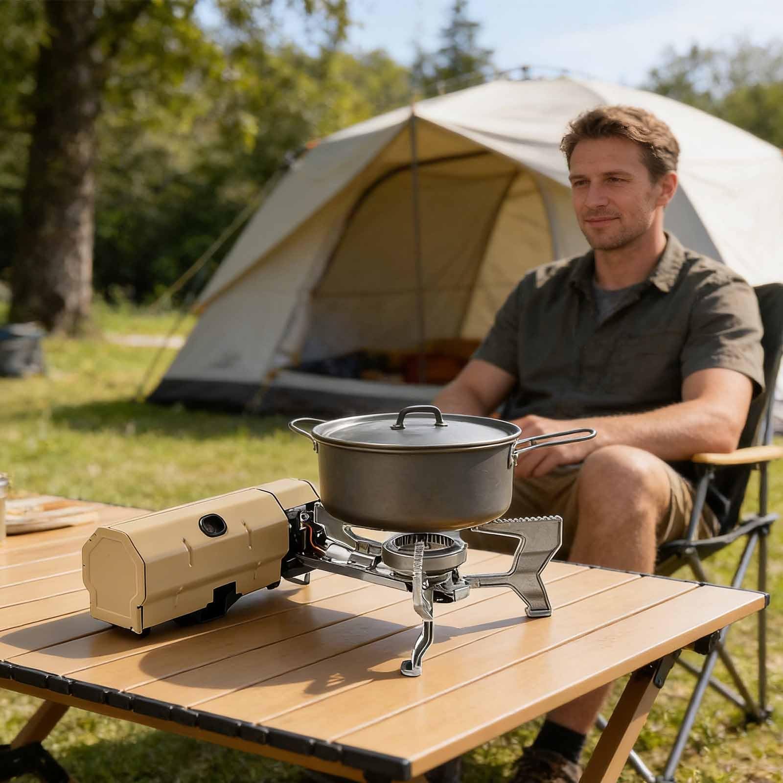 Réchaud de camping pliable | Brûleur à gaz compact 2600W | Compatible cartouches butane standard | Idéal randonnée, pique-nique, urgence(Khaki)