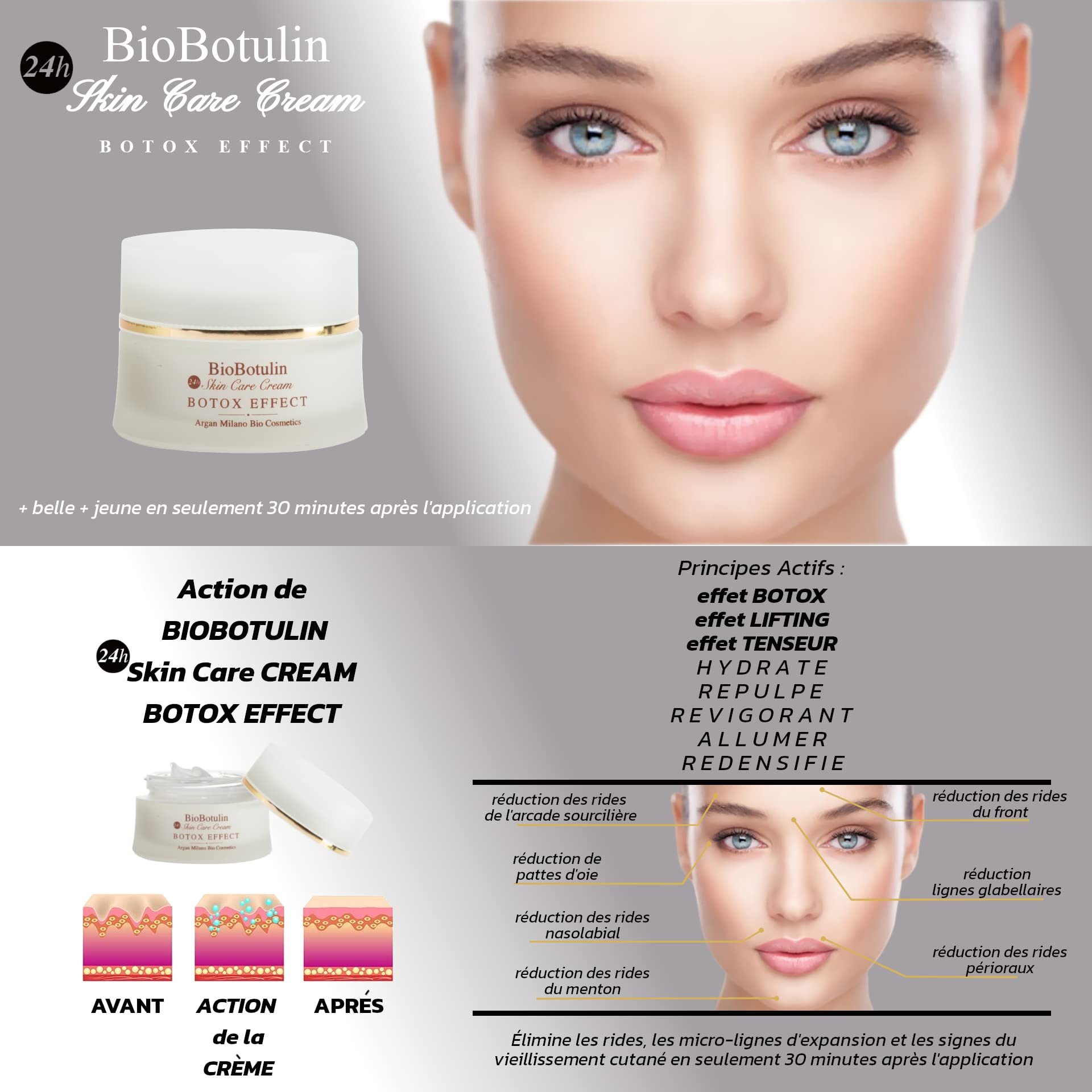 BioBotulin 24h Skin Care CREAM - 50 ml - crème anti-rides pour le visage, le cou et le décolleté - Ingrédients : Acmella Oleracea, Acide Hyaluronique 3P, Argan, Collagène, Aloe Vera