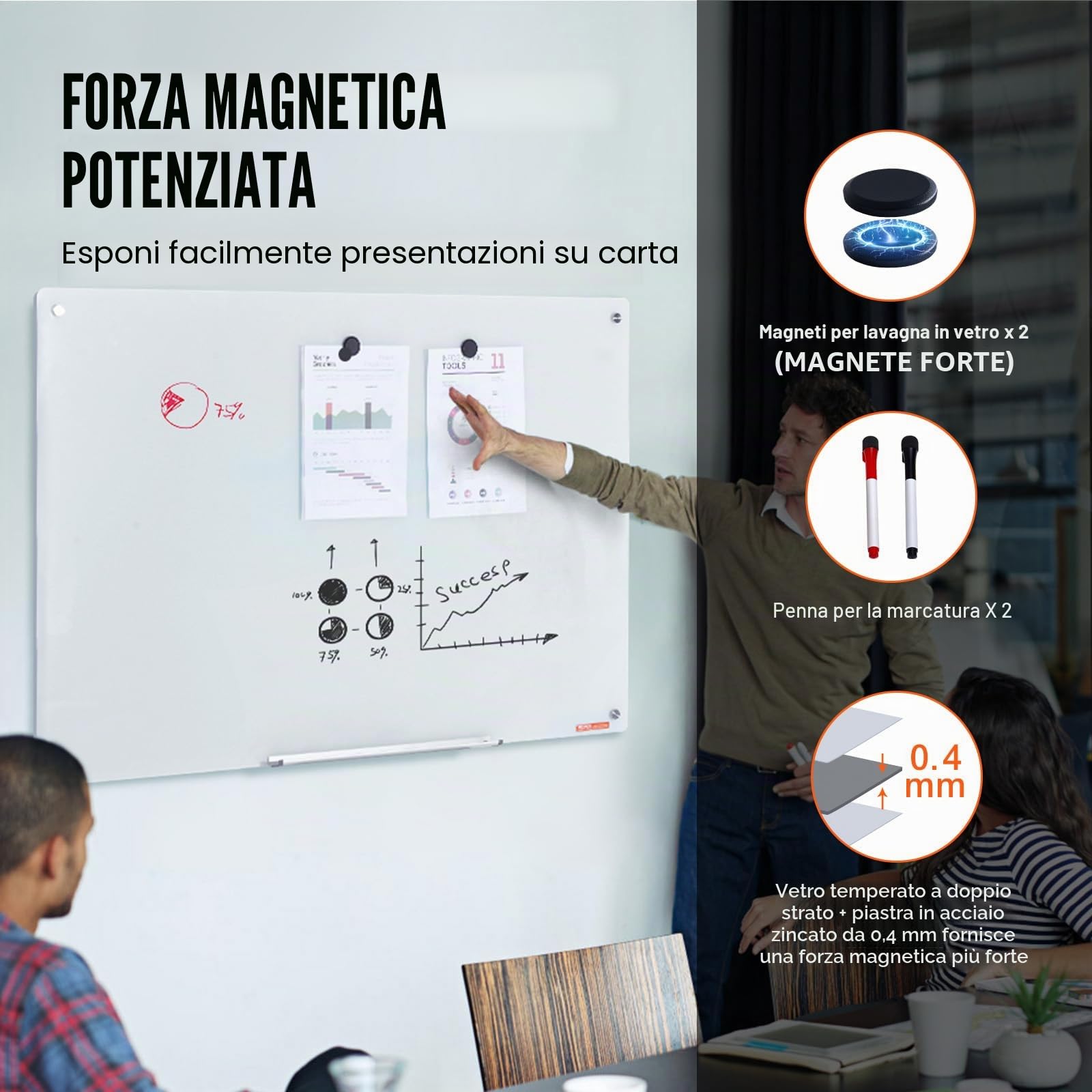 VEVOR Lavagna magnetica cancellabile a secco in vetro 120 x 80 cm, lavagna per promemoria da parete, con vassoio per pennarelli, gomma e 2 pennarelli, per ufficio scuola ristorante casa