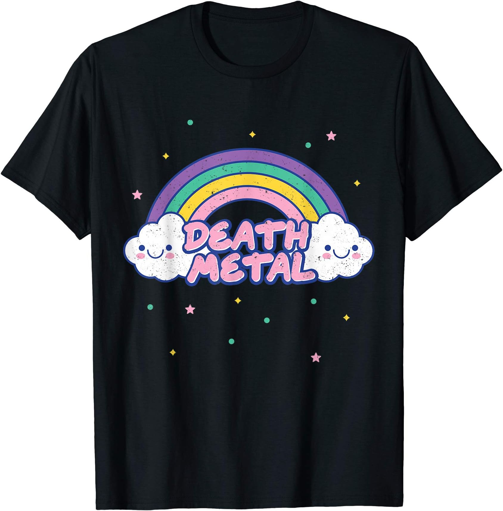 Funny Death Metal Rainbow and Cute Kawaii Clouds Design T-Shirt