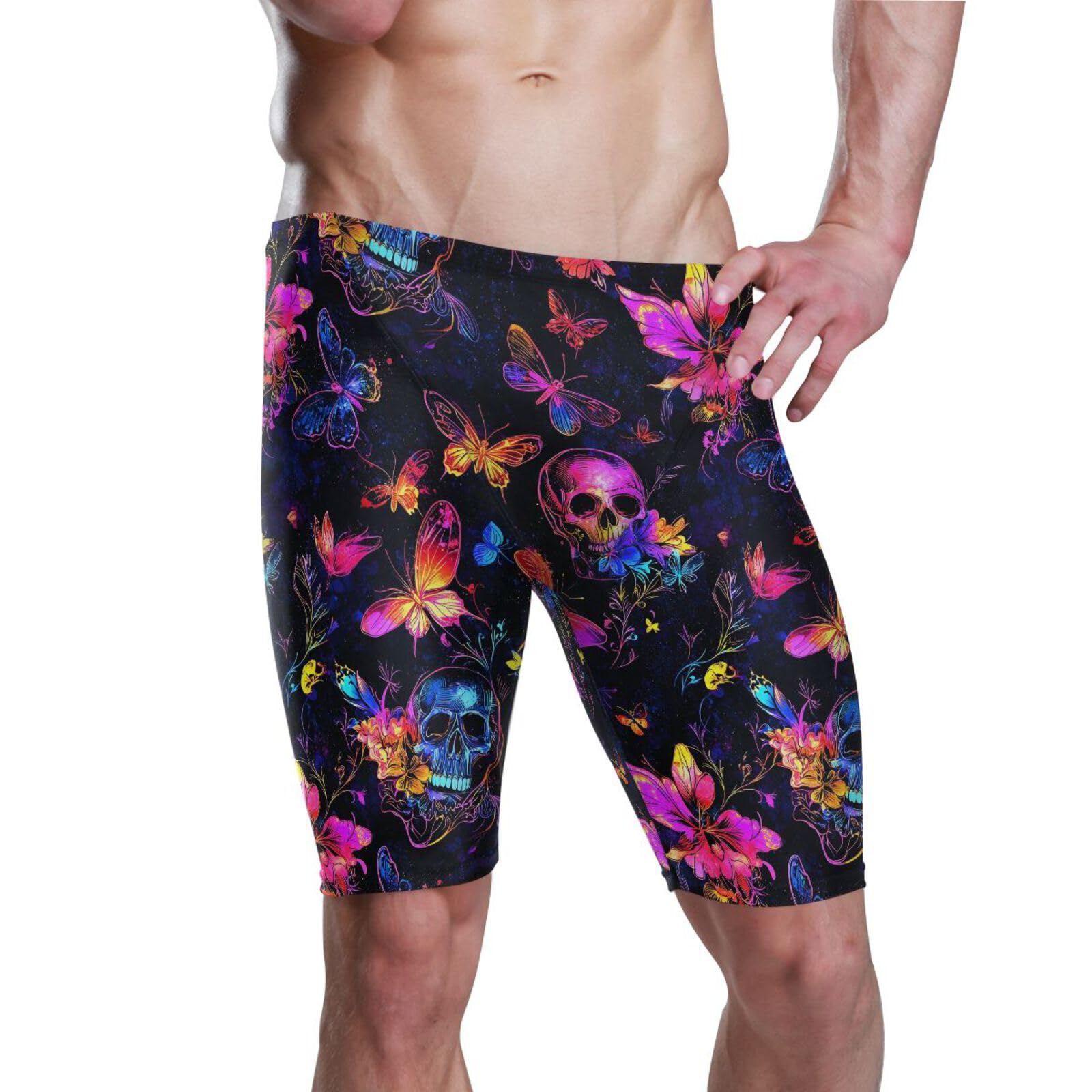 Swimsuit for Men Gothic Skull Neon Butterfly Flower Men's Swimsuit Jammer XXL 202b8519