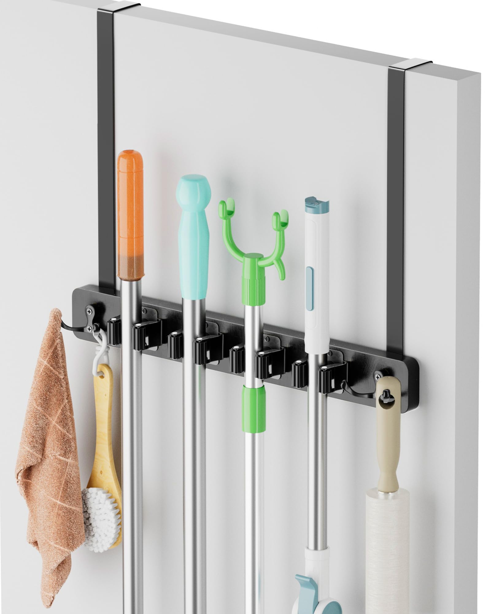 Lorbro Broom Holder Door Mount, Over the Door Broom and Mop Holder with 2 Over Door Hooks, Wood Broom Hanger, Tool Rack Organizer for Laundry, Garage, Closet, Kitchen Decor, 4 Slots & 4 Hooks Rustic