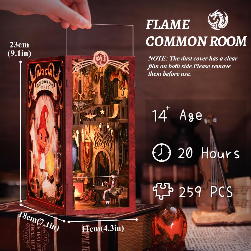 CUTEBEE DIY Book Nook Kit casa delle bambole con copertura antipolvere miniatura diorama booknook kit con luce LED,3D kit di modellazione in legno,da costruire(Flame Common Room)