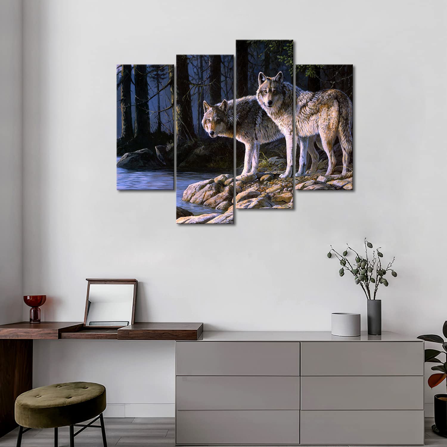 Two Wolf Stand On River Bank Forest Wall Art Painting Wolves Pictures Print On Canvas Animal The Picture for Home Modern Decoration