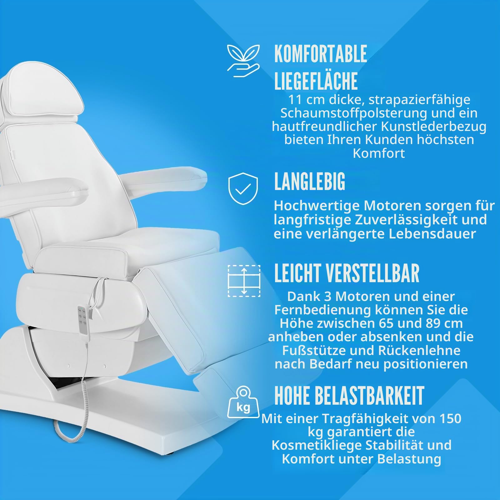 Physa Elektrische Kosmetikliege 3 motoren 200 W 197 x 60 x 65-89 cm 150 kg weiß Behandlungsliege Kosmetikstuhl Therapieliege Tattooliege