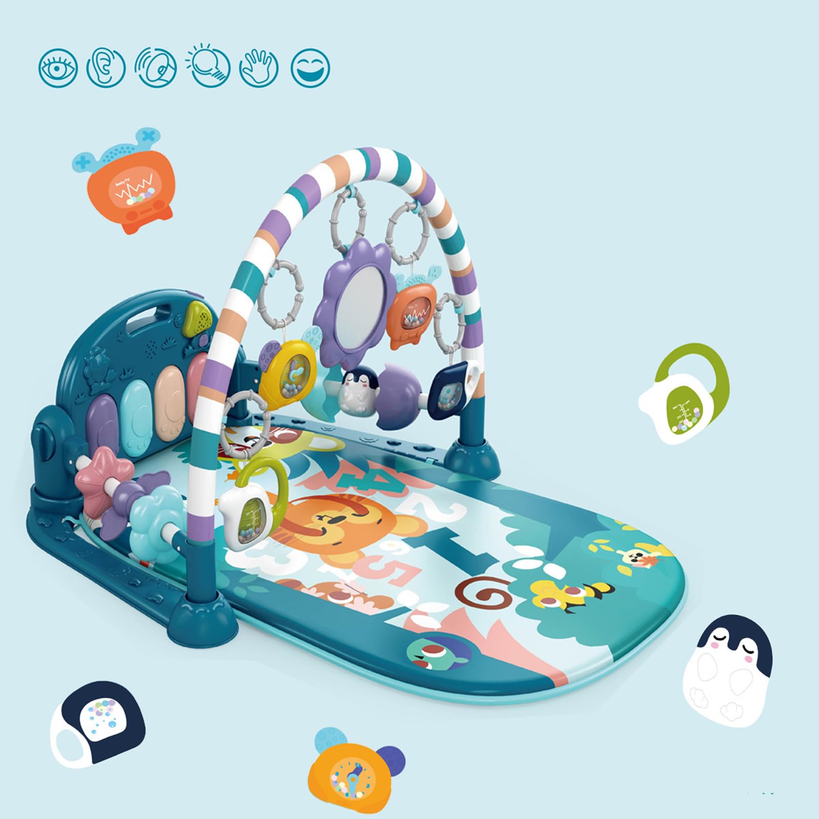 LN COZY CORNER Baby Play Mat Gym, 6-Mode Activity Mat with Kick-Activated Piano & Lights, with 5 Infant Sensory Baby Toys Extra Guardrail, Tummy Time Mat for Newborn Infants 0-12 Months (Blue) — view 2