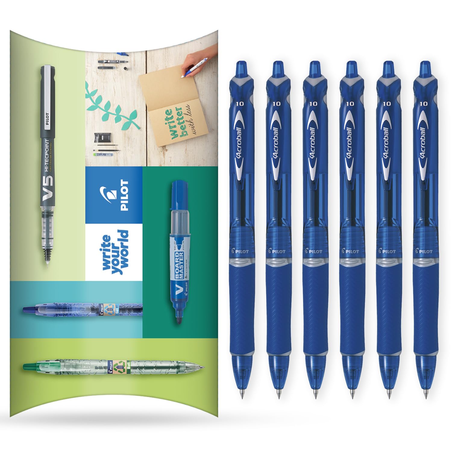 PILOT Acroball Retractable Ballpoint Pen, Begreen Range 79% Recycled, Pack of 6 Pens in Envelope Gift Packaging