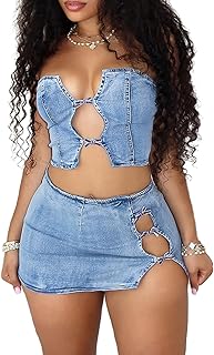Molilove Denim 2 Piece Outfits For Women Sexy Crop Top Split Mini Skirt Hollow Out Jean Skirt Sets Y2K Summer Party Clubwear