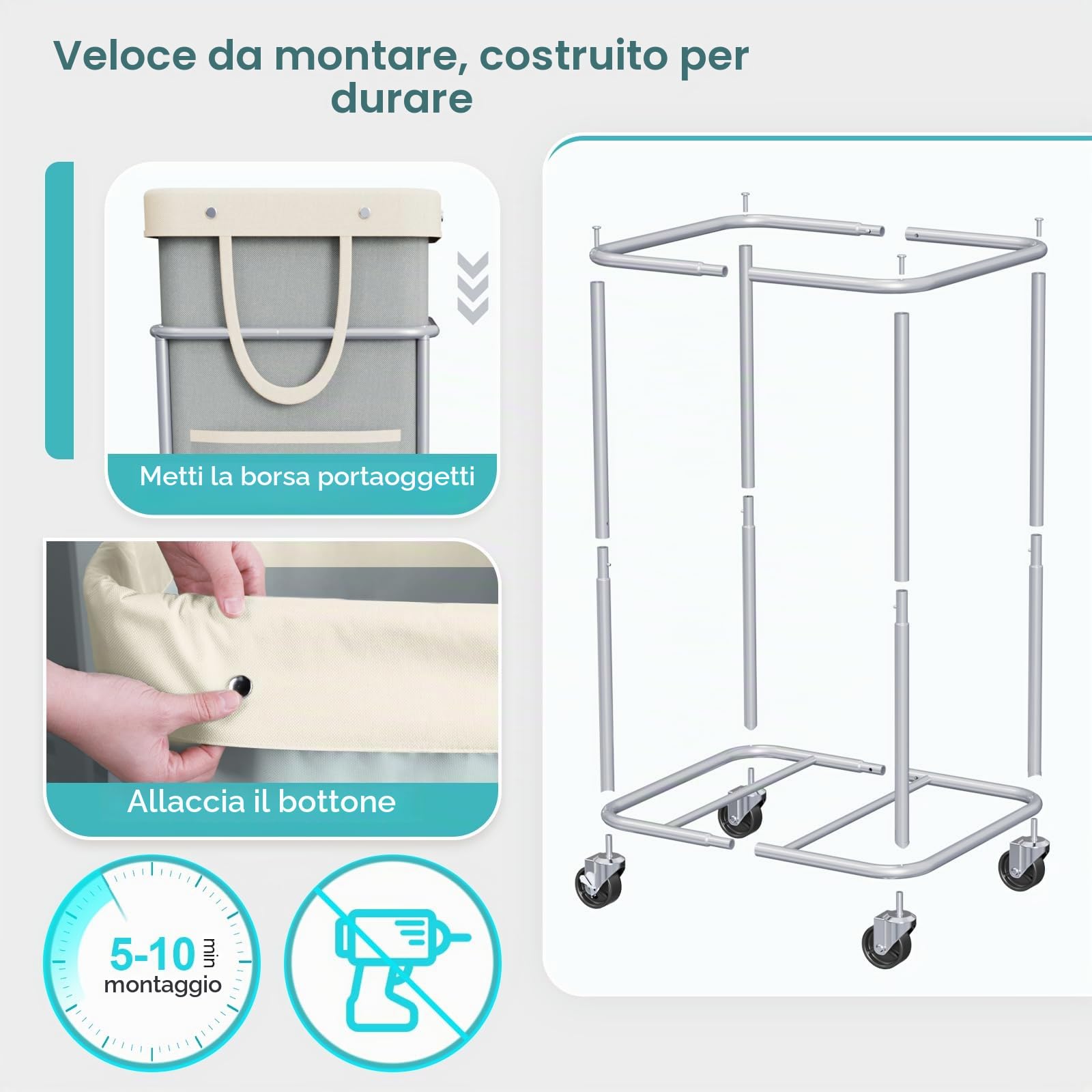 JYPS Cesto portabiancheria grande da 150 l, con ruote e manico, cestini rimovibili e 2 borse laterali, in tessuto Oxford impermeabile, per riporre vestiti sporchi, camera da letto, lavanderia, grigio