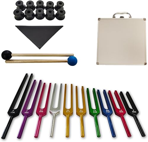 MIMIRACLE Solfeggio - Juego de 10 diapasones de afinación Solfeggio coloridos sin peso en aleación de aluminio, completo con mazos de goma, paño de