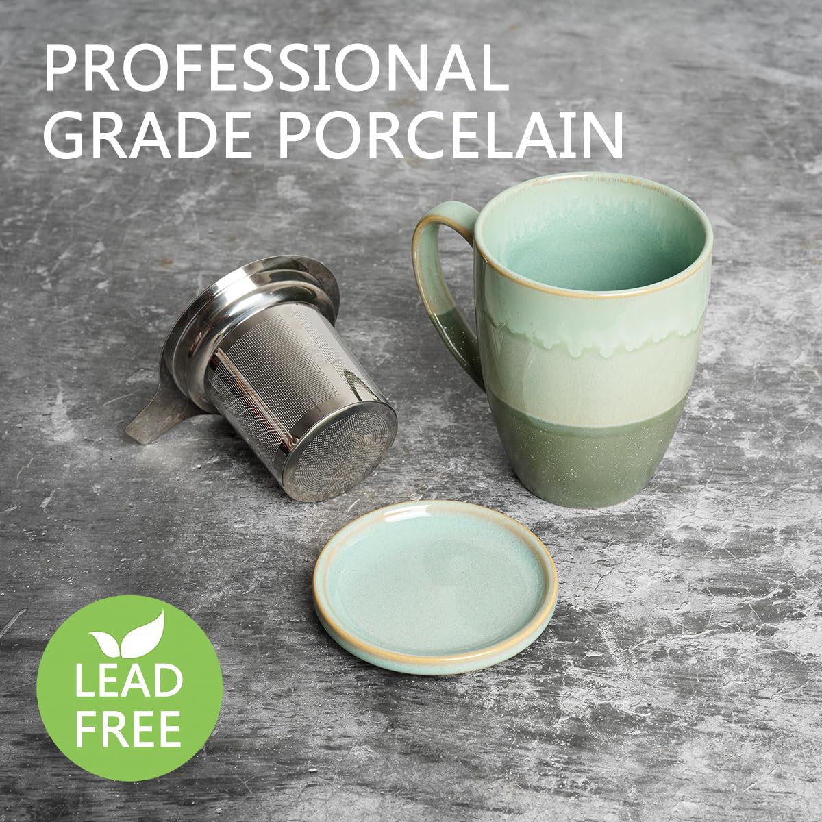 Bosmarlin Tasse à thé en céramique avec infuseur et couvercle, 4 couleurs au choix, passe au micro-ondes et au lave-vaisselle, tasse à thé avec passoire, glaçage réactif (vert)