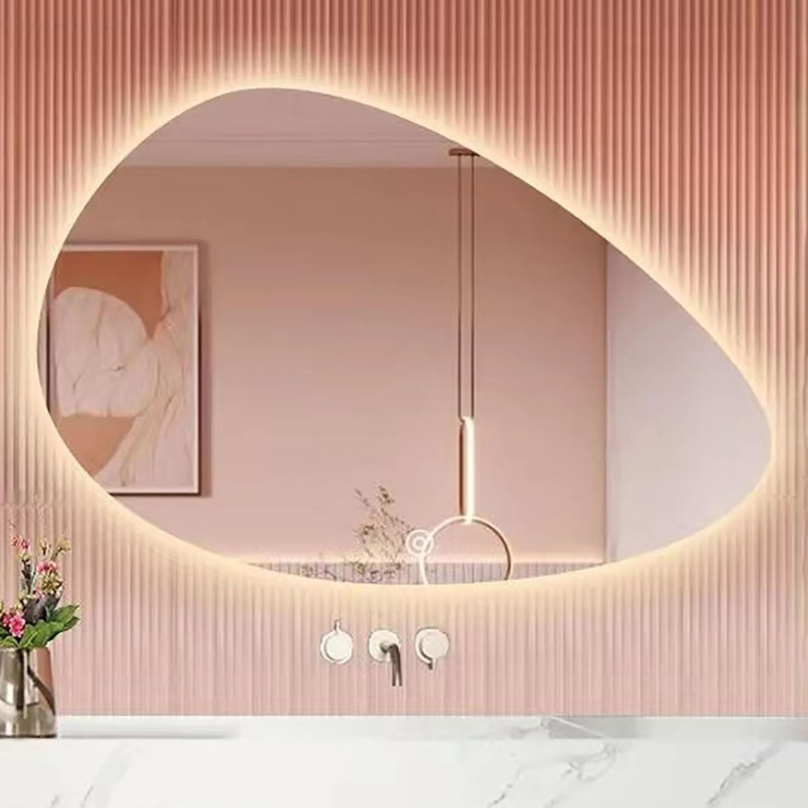 Atwnjkp Dimmable LED Irregular Oval Wall Mirror – 3-Colour Lighting & Asymmetrical Design | Waterproof Vanity & Makeup Mirror for Bathroom, Hallway, Living Room, 60x80cm(23.6x31.5in)
