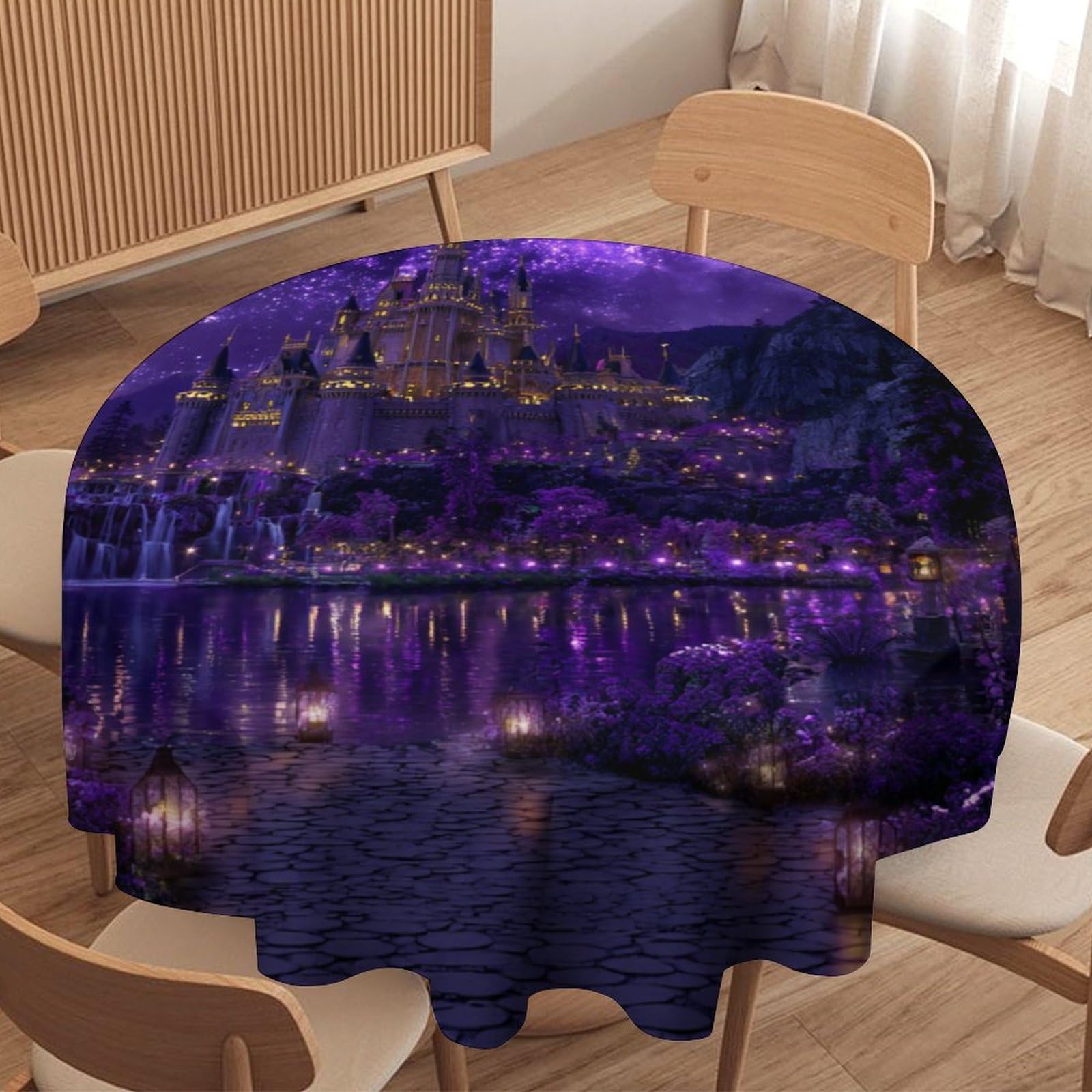 Luyysky Beautiful Abstract Fantasy Castle Round Tablecloth Realistic Watercolor Moon Starry Sky Galaxy Lake Floral Washable Decor For Table Cover For Kitchen-152.4" Wx152.4 L Cm