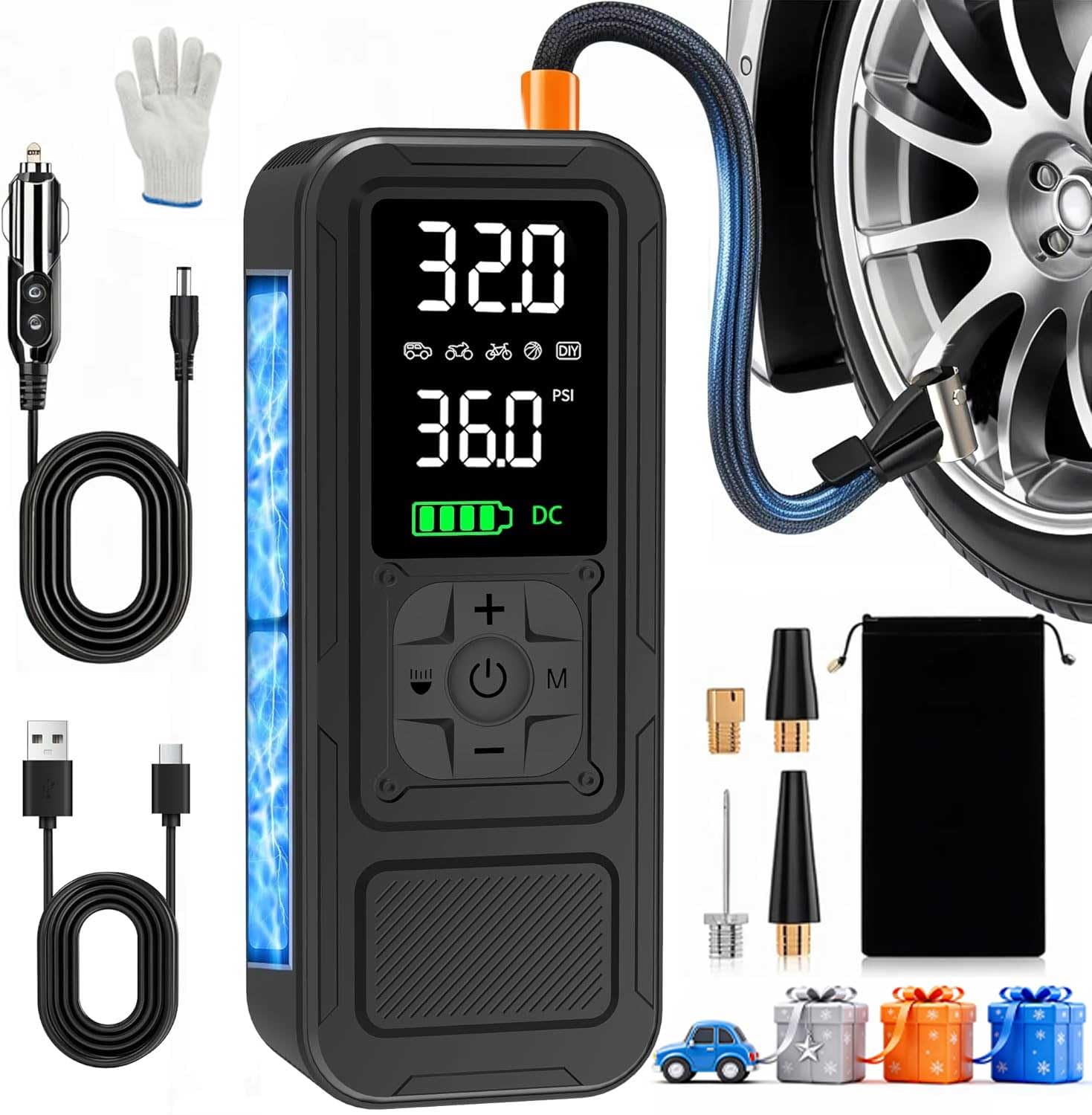 Calmara Y34 Tire Inflator Portable Air Compressor,4X Faster Inflation,6000mAh Cordless/12V DC 150PSI Air Pump with Digital Pressure Gauge for Car,Motorcycle,Bike,Valentines Day Gifts for Him