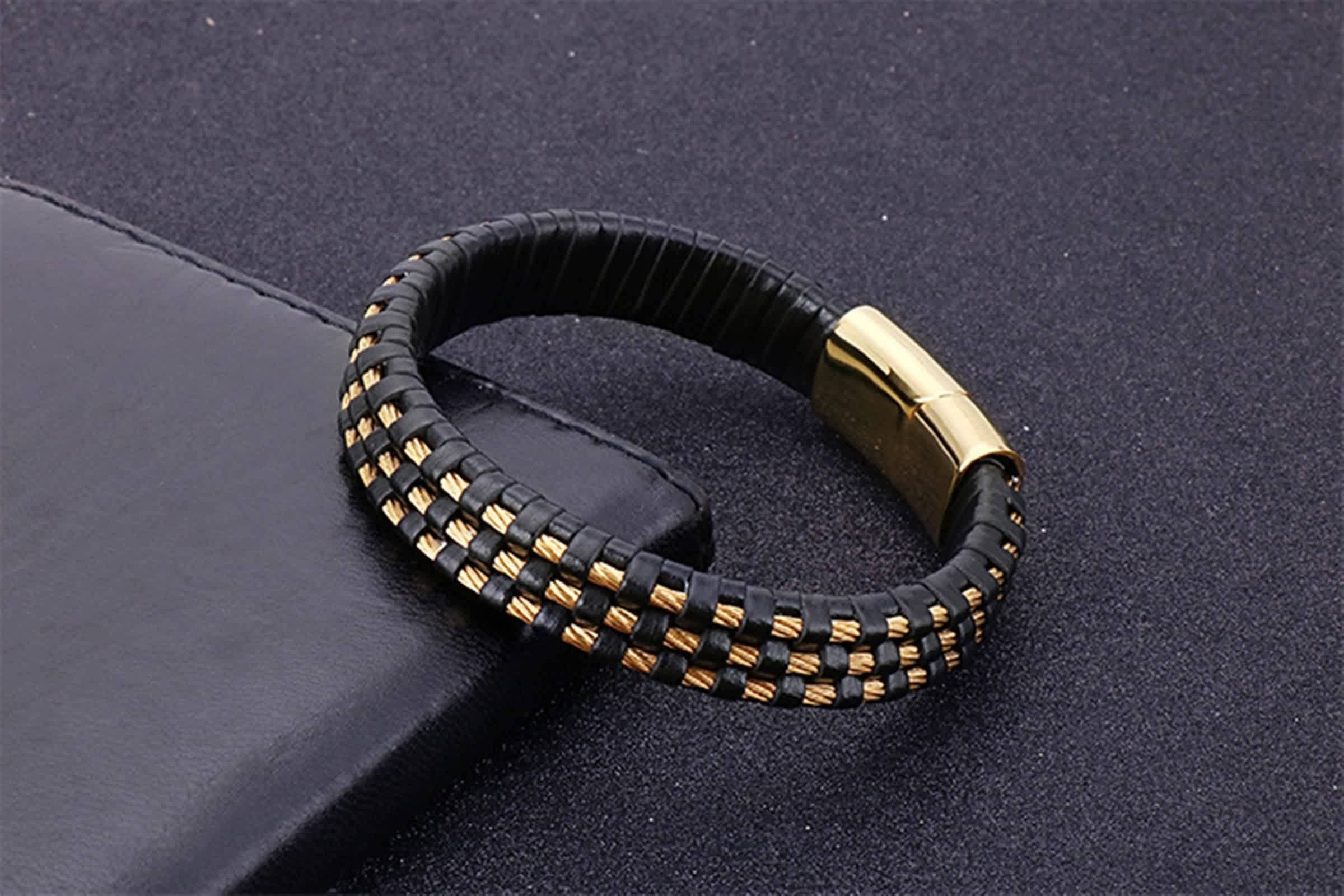 Bracelet en Cuir pour Homme, Bracelet Vintage Homme Acier Inoxydable Tisser Cool Mode Bijoux Cadeau