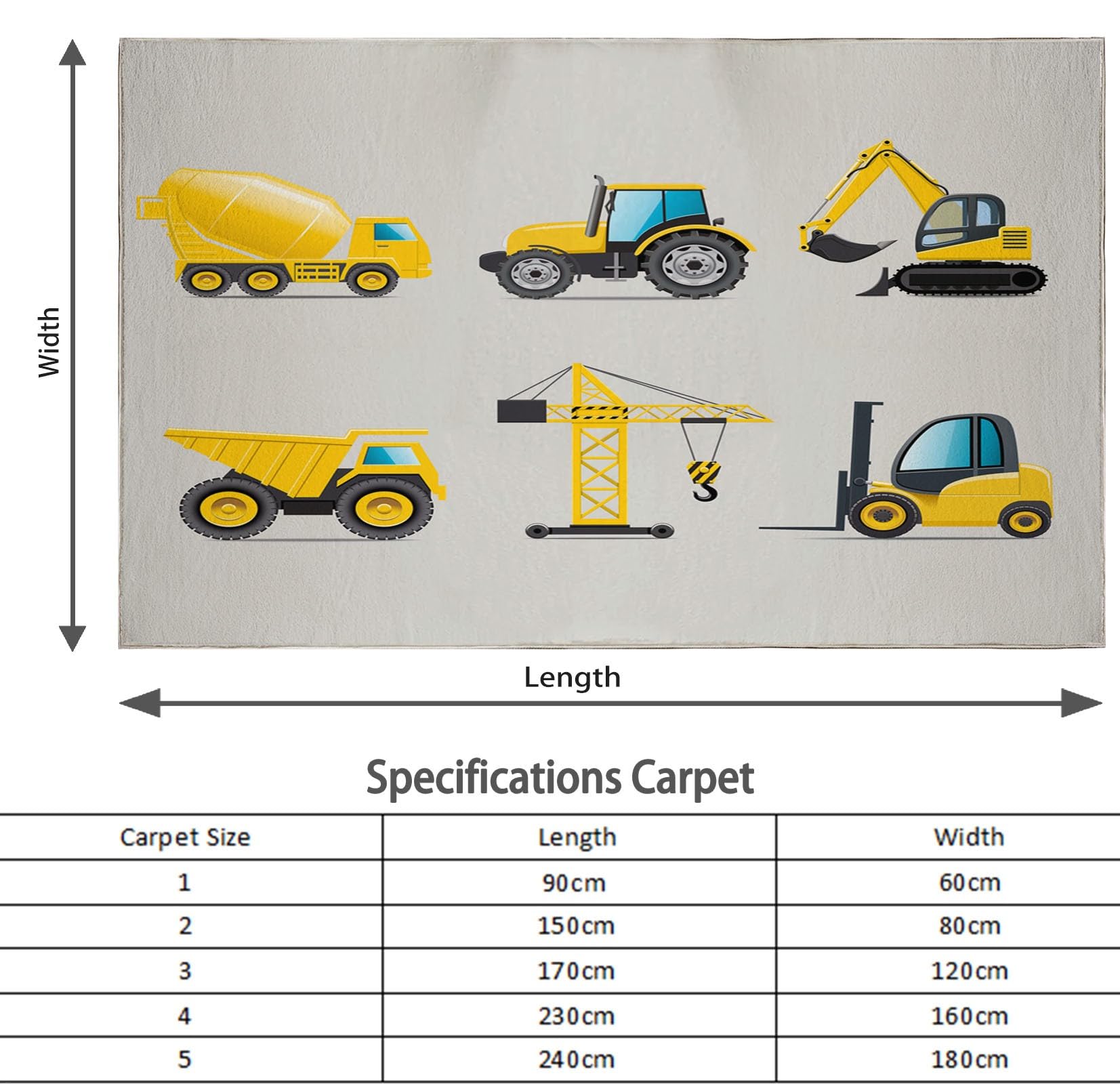 Tappeto Salotto 80 x 150cm Veicolo da costruzione dei cartoni animati Tappeti Camera da Letto, Rug Cucina Antiscivolo Lavabile per Tavolino da Salotto, Bagno, Tappeto Bambini Cameretta