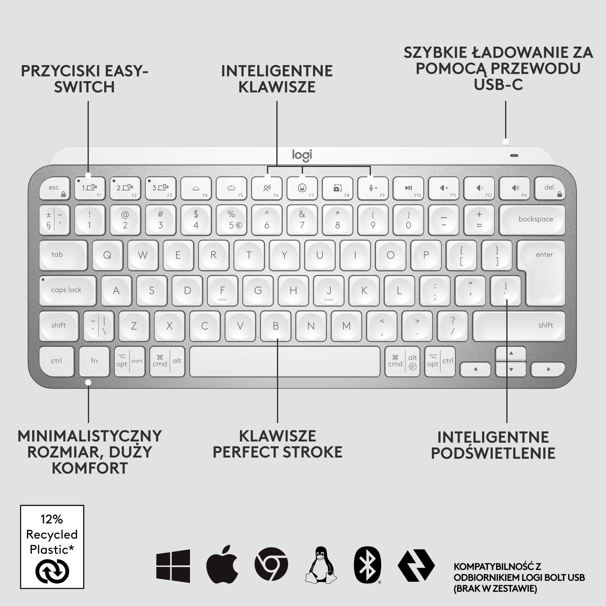 Logitech MX Keys Mini Minimalistyczna Bezprzewodowa Podświetlana Klawiatura, Kompaktowa, Zgodna z Apple macOS, iOS, Windows, Linux, Android, Metalowa Konstrukcja, QWERTY US INT'L - Jasnoszary