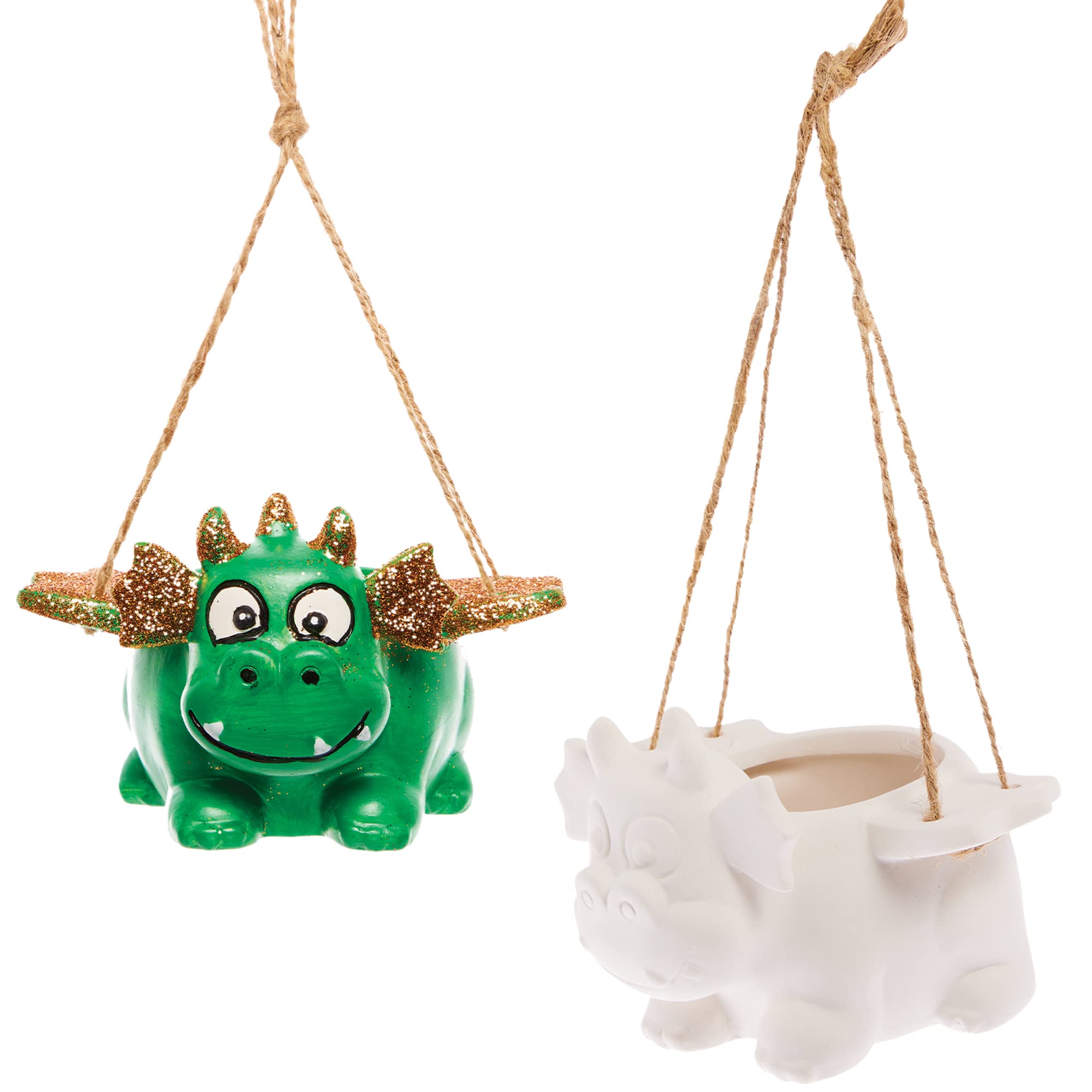 Baker Ross FX721 Dragon Hanging Ceramic Flowerpots - Box of 2, Paint Your Own Plant Pot