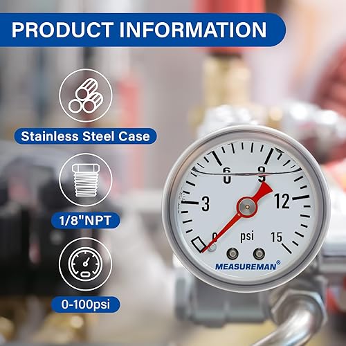 Miniatura 58 de MEASUREMAN - Manómetro de presión de combustible, 0 a 15 psi, acero inoxidable, relleno de glicerina, esfera negra de 1.5 pulgadas, adaptador en T