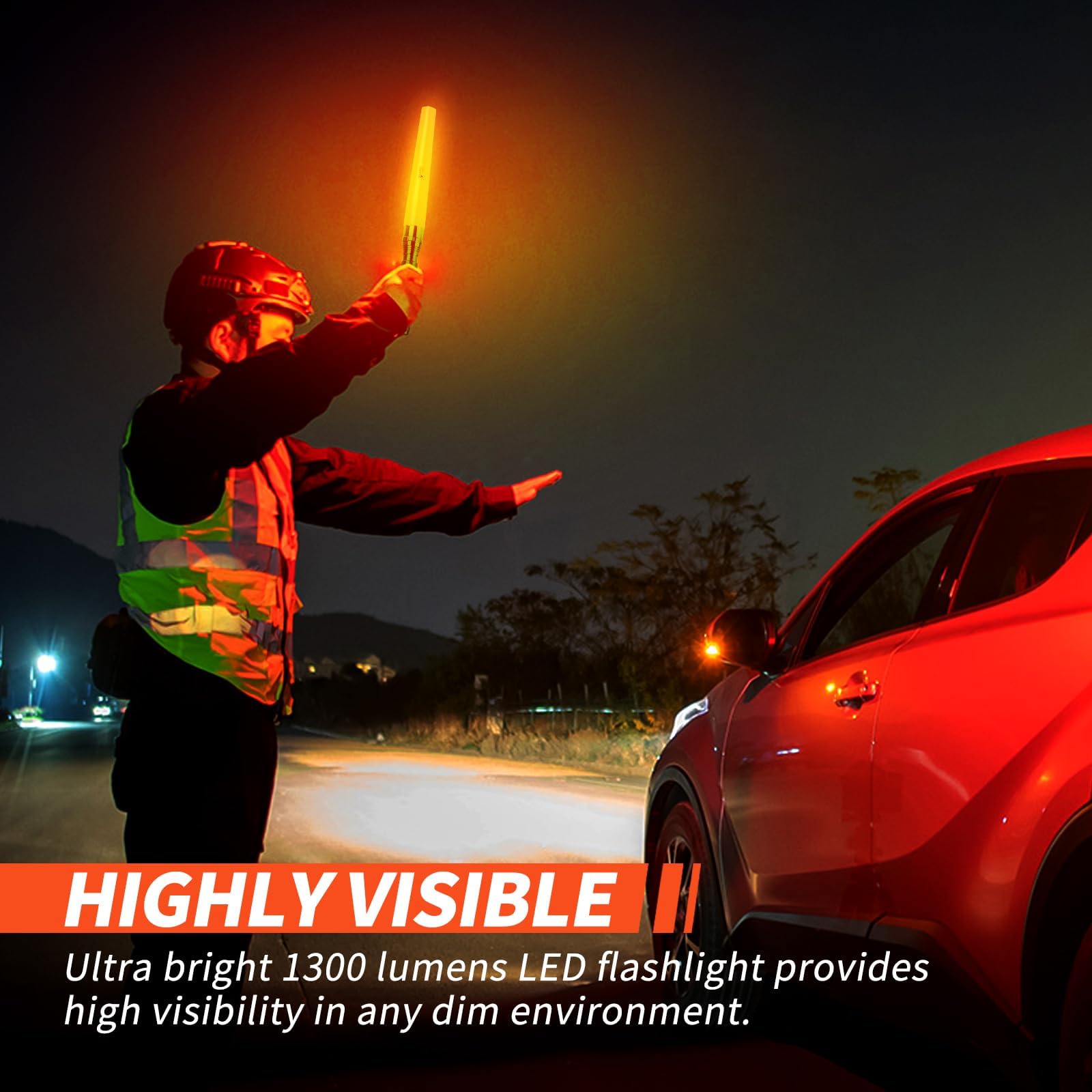 ULTRAFIRE - Linterna LED de 18 pulgadas con cargador, linterna de seguridad de 1000 lúmenes de alto nivel con modo estroboscópico, acabado naranja, luz de flash de señal para comando camping al aire