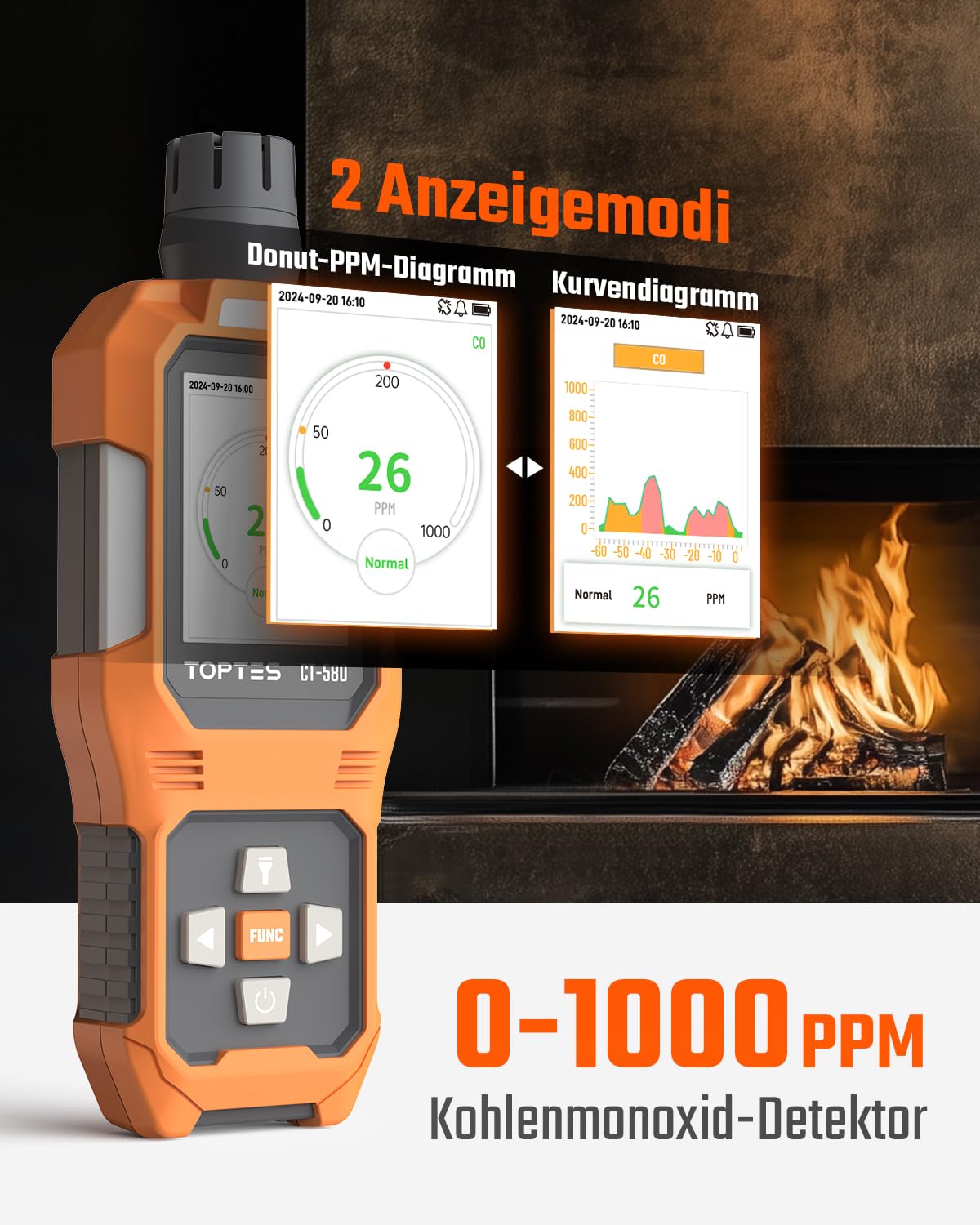 TOPTES CT-580 Kohlenmonoxidmelder, wiederaufladbarer CO-Melder mit Vibration, visuellen & akustischen Alarmen, tragbarer CO-Alarm, 0-1000PPM, TFT-Farbdisplay für Zuhause, Auto, Camping & Reisen