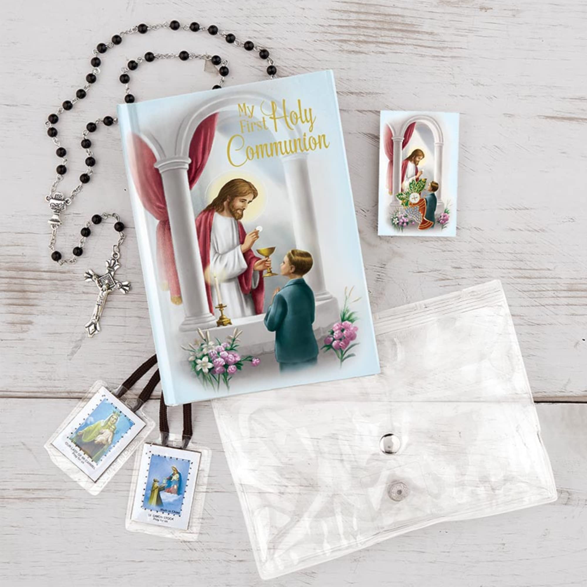 Needzo Boys First Communion Gift Set, Snap Wallet with Scapular, Rosary, Lapel Pin, and Mass Book, All in One, 4 Items