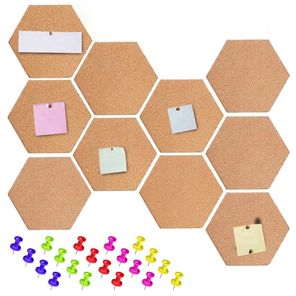 BAKAJI Set 10 PZ Bacheca Lavagna di Sughero Esagonale Adesiva Decorazione Casa Arredamento Ufficio Design Moderno per Parete Muro Con Puntine Dimensione 15x17 cm