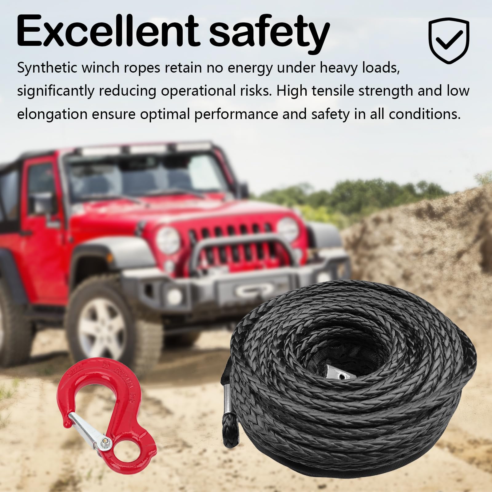 Cuerda de Remolque para Coche, Cabestrante 15m Largo 8mm Diámetro Cuerda Sintética de 12 Hilos 6000kg / 13228 Libra Cuerda de Plástico Cuerda de Remolque con Gancho Metálico para SUV ATV UTV, Negro