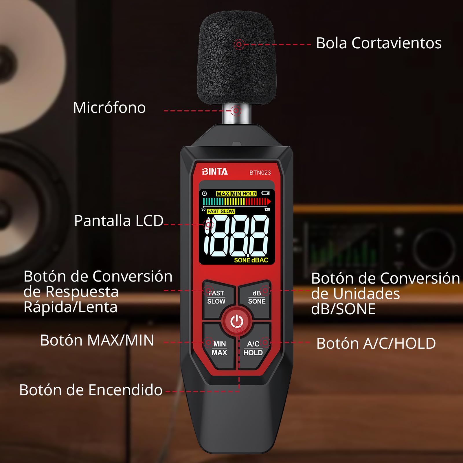 BINTA Medidor Decibelios Decibelímetro Sonómetro Medidor Digital de Nivel de Sonido con A/C Ponderación, Rango 30-130dB,Max/Min, Unidad dB/SONE, Retención de Datos para Casa Oficina Fábrica Vecino