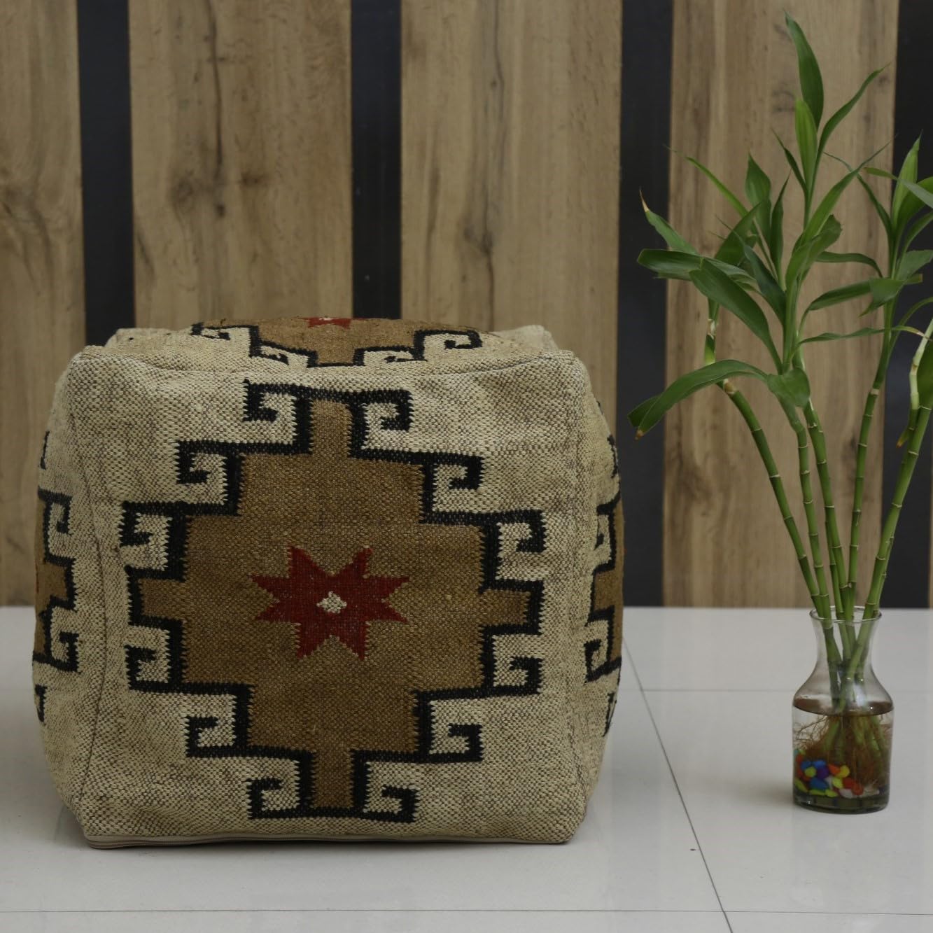 Trade Star 70% Jute 30% Wool Kilim Pouffe Cover Home Decor Kilim Pouf Cover Handmade Jute Wool Ottoman Authentic Handwoven Footstool Case for Living