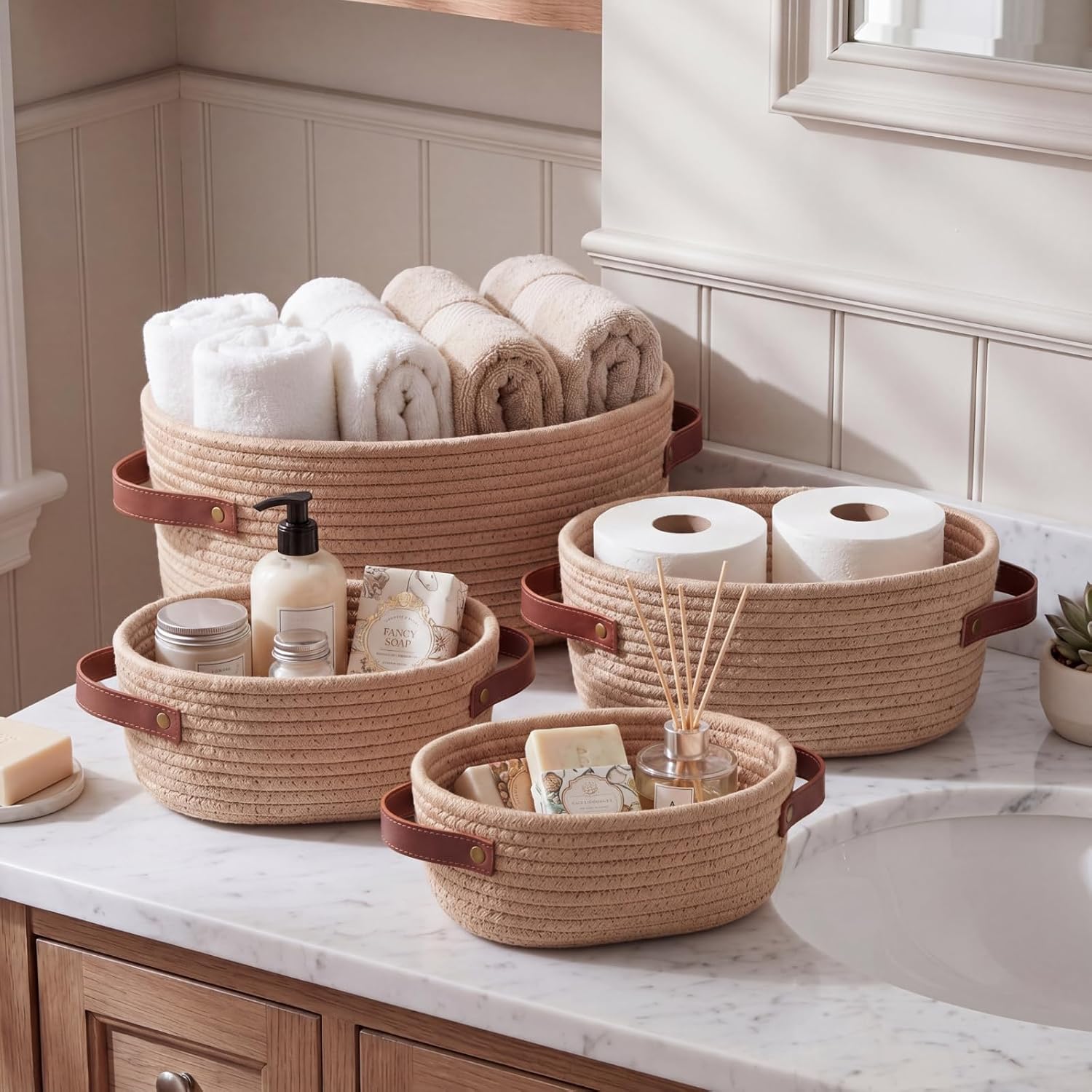 4 Pack Woven Rope Storage Basket Set for Organizing Baskets for Gifts Empty Boho Small Nesting Storage Bins with Handle for Shelves Countertop Toilet Paper Basketwork Decor(Navy and White)