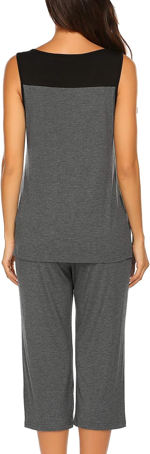 Ekouaer Capri Pajama Sets for Women 2 Piece Soft Cute Pjs Round Neck Sleeveless Lounge Set for Summer Sleepwear S-XXXL - Image 2