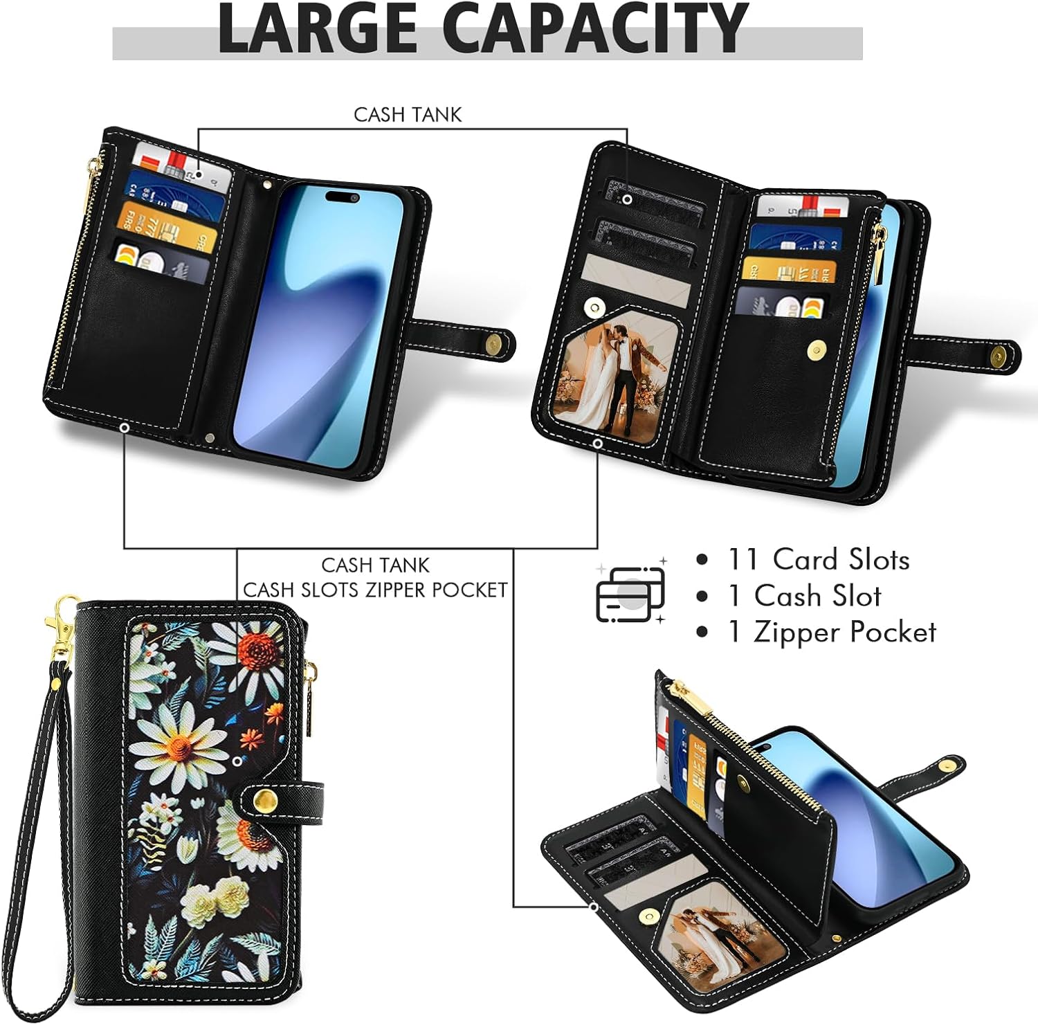 Floral Wallet Case for iPhone 17 Air 6.5 inch & Wrist/Shoulder Strap Flip Zipper Purse, Luxury PU Leather Credit ID Card Holder Stand Accessories Cell Phone Cover for i Phone17 i17 17Air Black