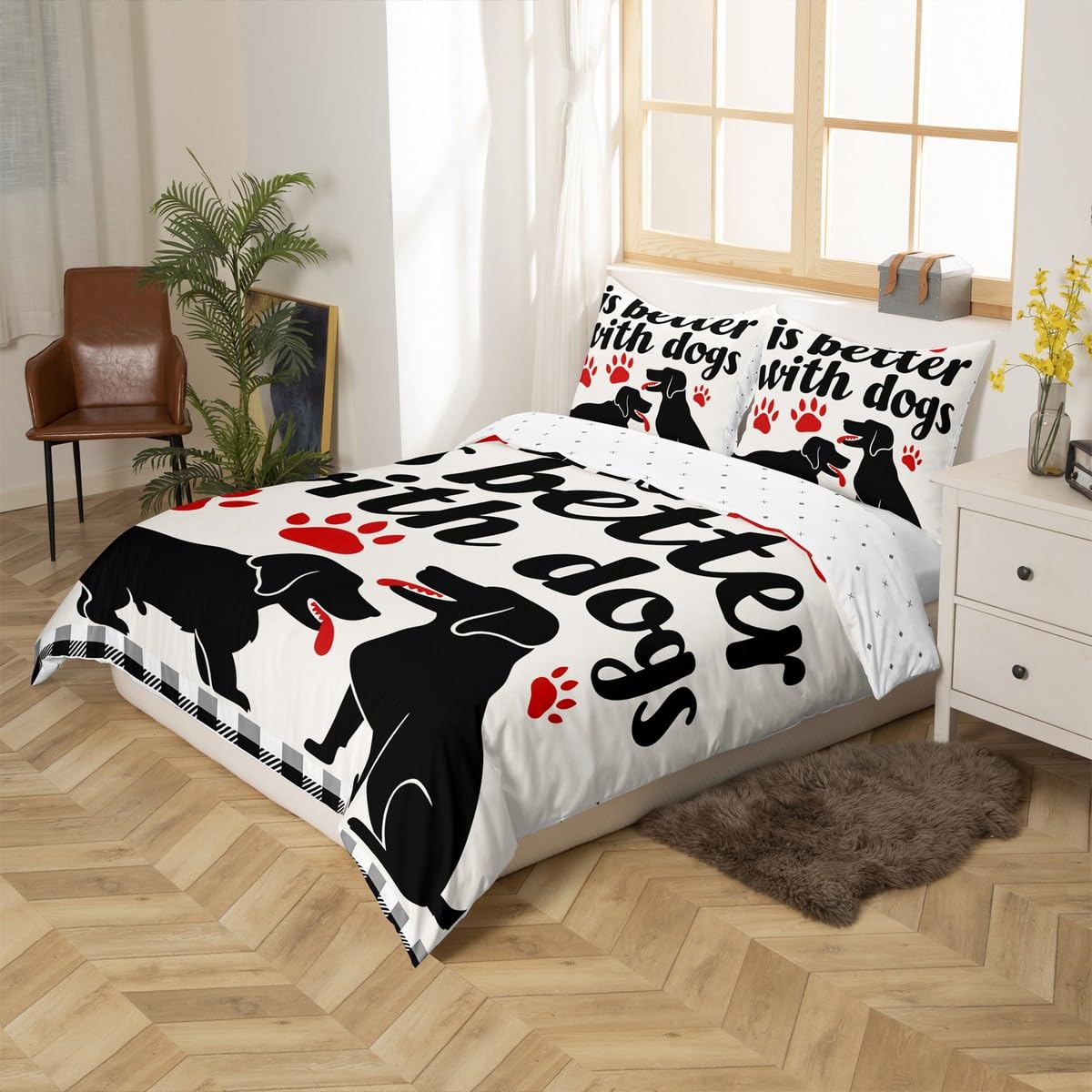 jejeloiu Pet Dog Comforter Cover Toddler Kids Cute Animals Foot Pattern Bedding Set for Boys Girls Teens Buffalo Check Modern Black White Plaid Duvet Cover Room Decor (No Comforter)