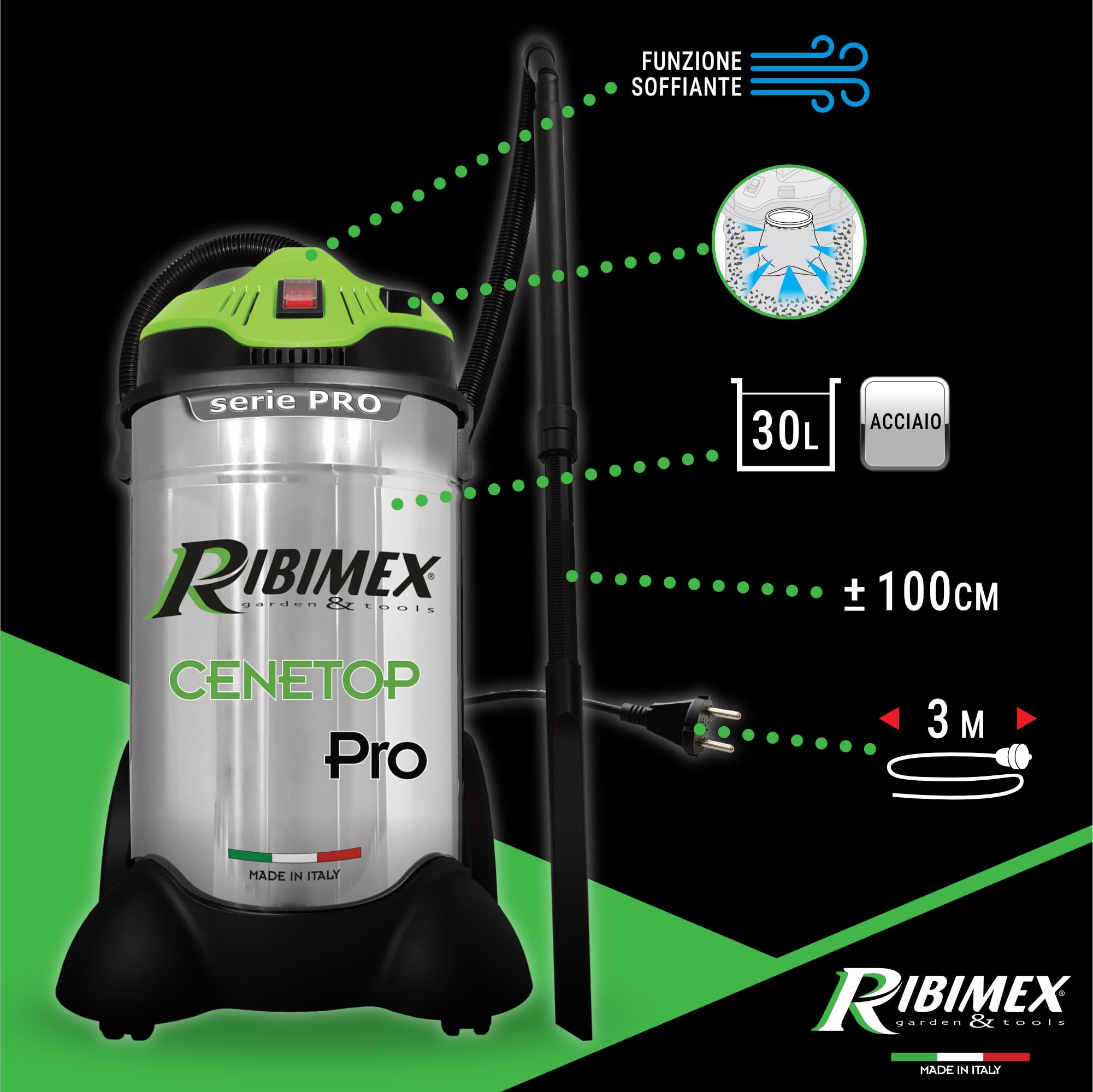 Ribimex Aspiracenere Elettrico Professionale Cenetop PRO, Pulizia Automatica del Filtro HEPA, Bidone da 30 L, Potenza 1200 W, per Pulizia Intensiva di Stufe e Camini, Funzione Soffiante - PRCEN014PRO