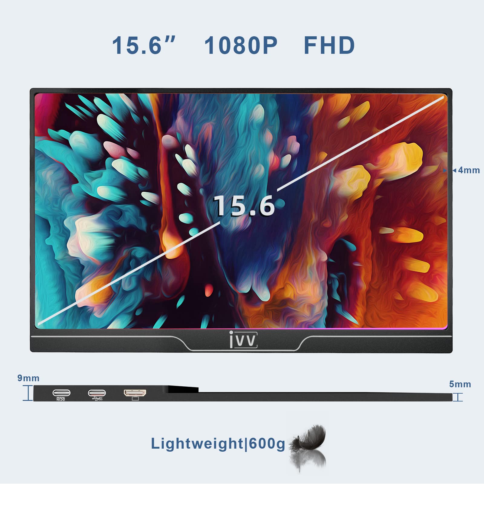 IVV Portable Screen, 15.6 Inch, Monitor 1920 x 1080 FHD, Mini HDMI
