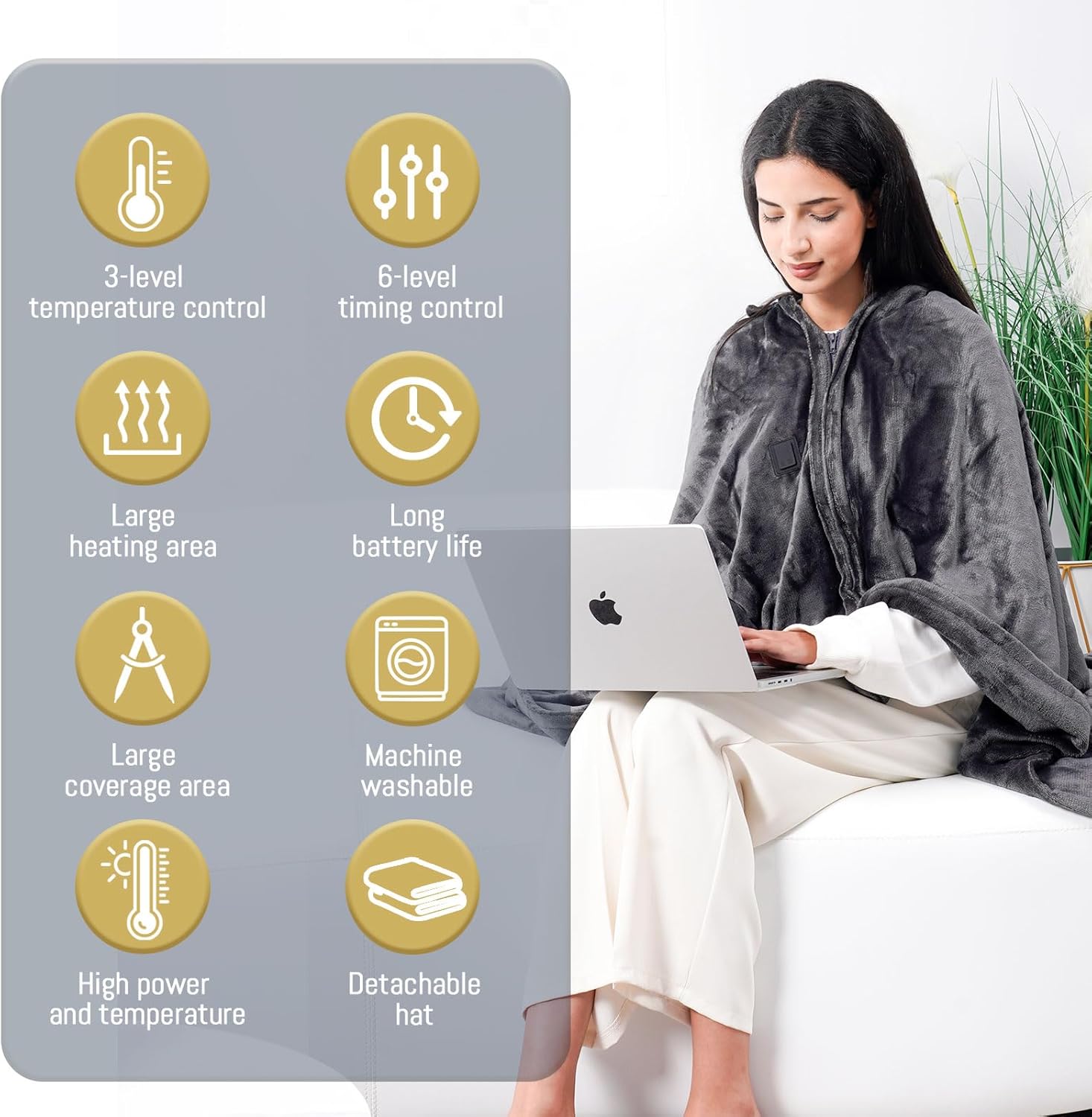 Heated Blanket with 20000mAh 22.2W Power Bank, Large 70'' x 42'', 3 Heat Levels, 11 Heating Zones, 1-6 Hour Timer, Includes Winter Hat, Storage Bag, and Laundry Bag, Portable Battery-Powered Shawl - Image 6