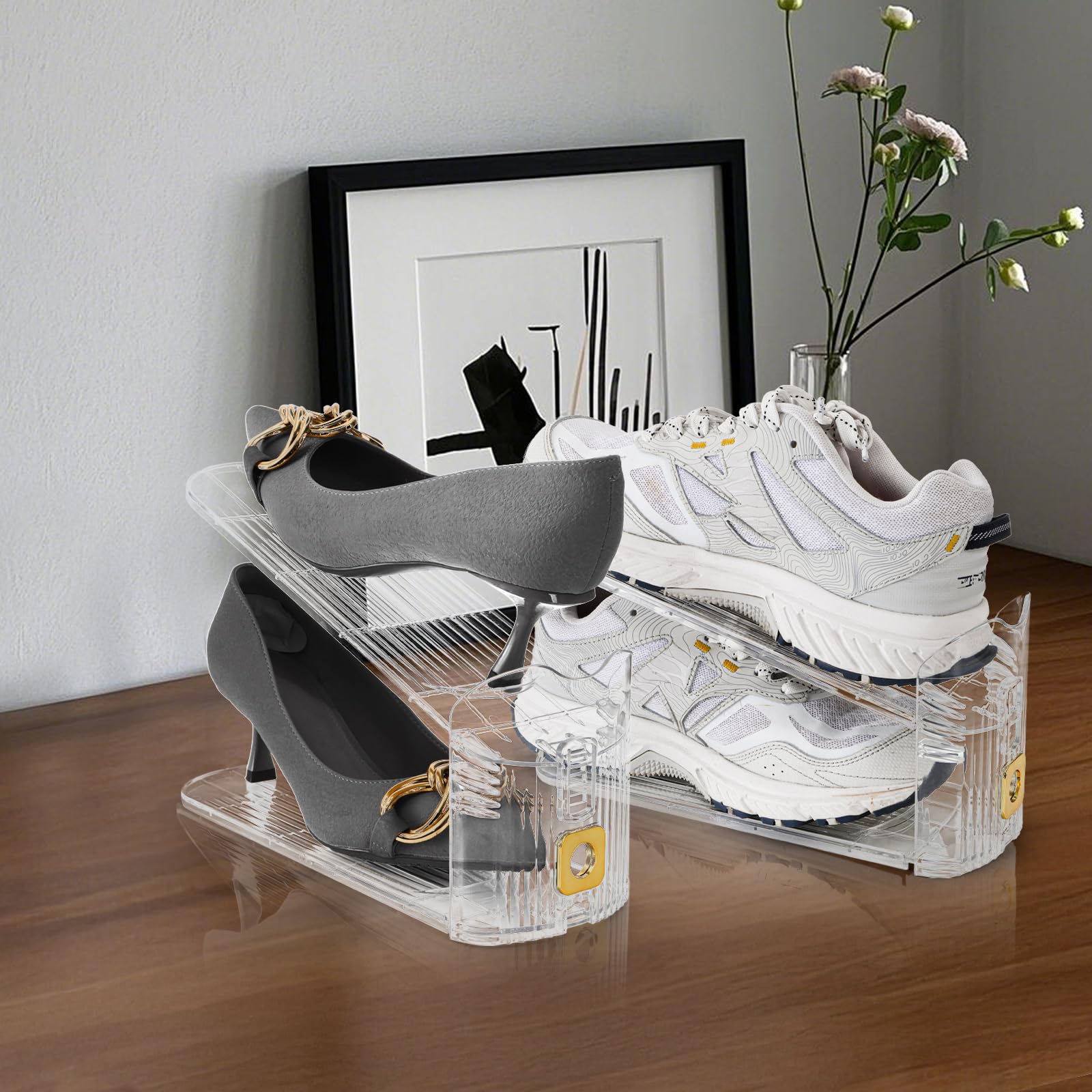 Eorbow Paquete de 10 organizadores transparentes para zapatos, apilador de zapatos ajustable de 11 pulgadas para armario, estante de exhibición de doble cubierta para un par de zapatos, soporte