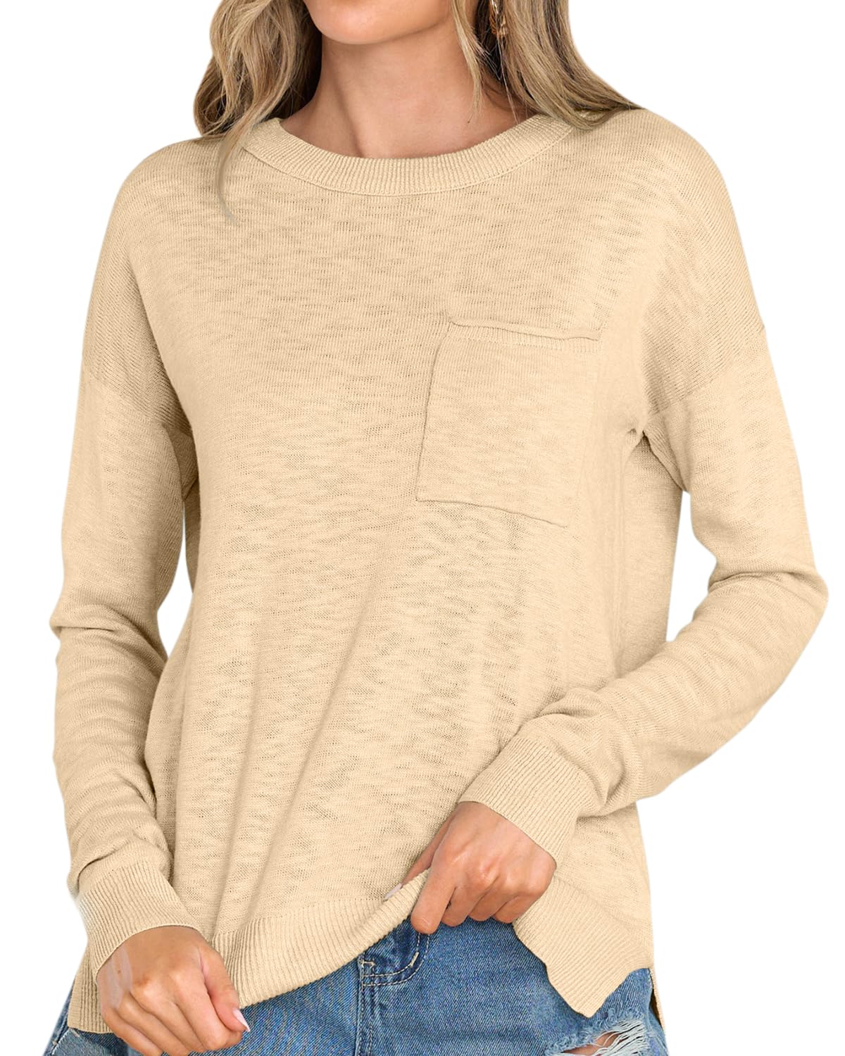 Photo 1 of Langwyqu Women's Crewneck Long Sleeve Sweater 2023 Fall Oversized Ribbed Knit Side Slit Pullover Top with Pocket Medium Beige