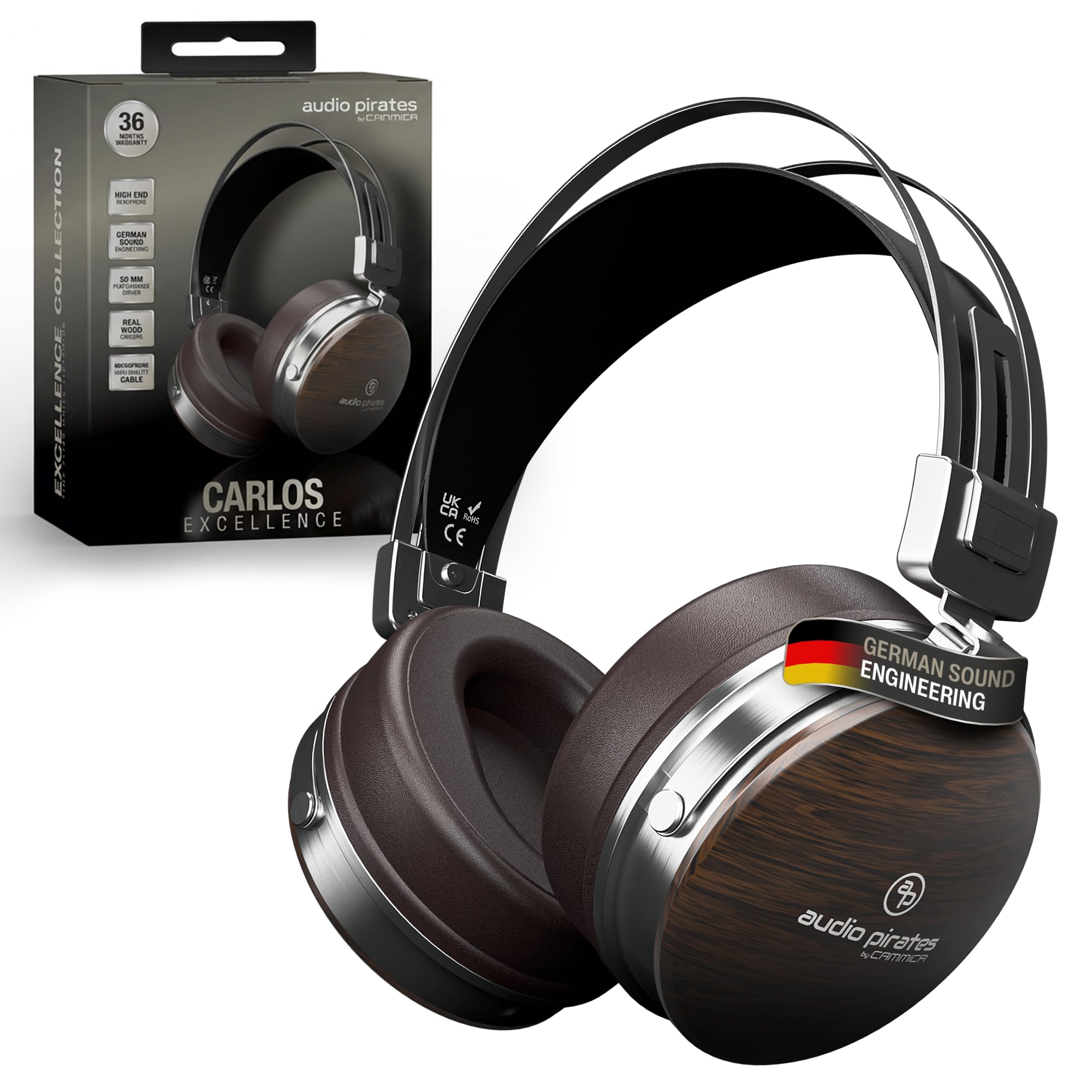 audio pirates Carlos Over-Ear HiFi-Kopfhörer aus Echtholz – Studio Monitor Kopfhörer kabelgebunden mit Mikrofon, inkl. Case, 1,5m & 3m Kabel, 6,3mm Adapter | Excellence Collection